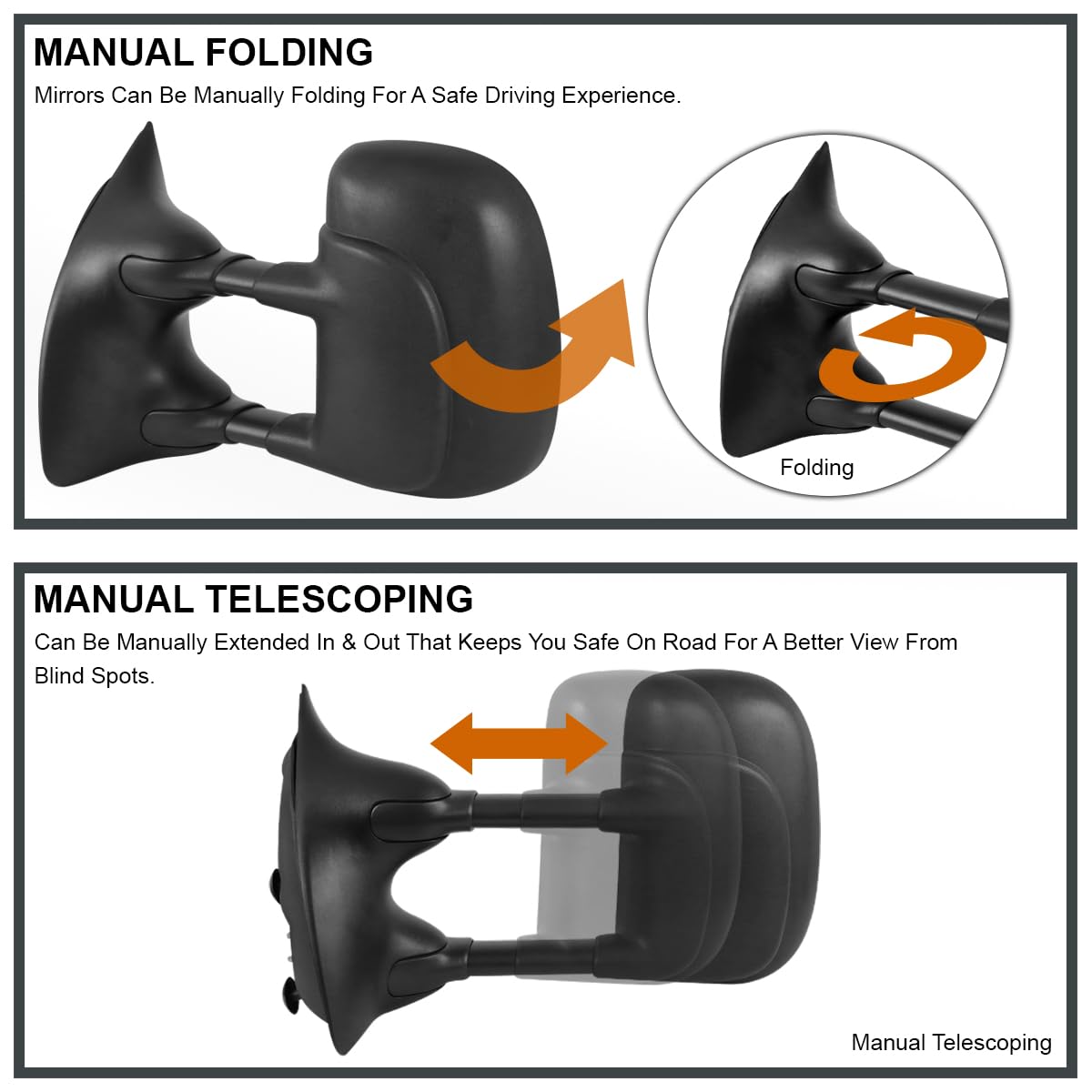 Spec-D Tuning Manual Towing Side Mirrors for 1999-2016 Ford F250 F350 F450 Super Duty Truck - Durable Replacement Mirrors for Enhanced Visibility While Towing Trailers & Heavy Loads