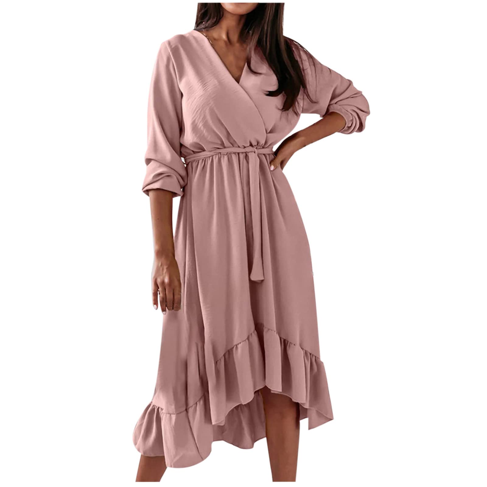 Women's Wrap V-Neck Shirt Dress - Solid Color Long Sleeve Ruffle Hem Office Dress for Work | Business Casual, Date Night & Spring Outfits