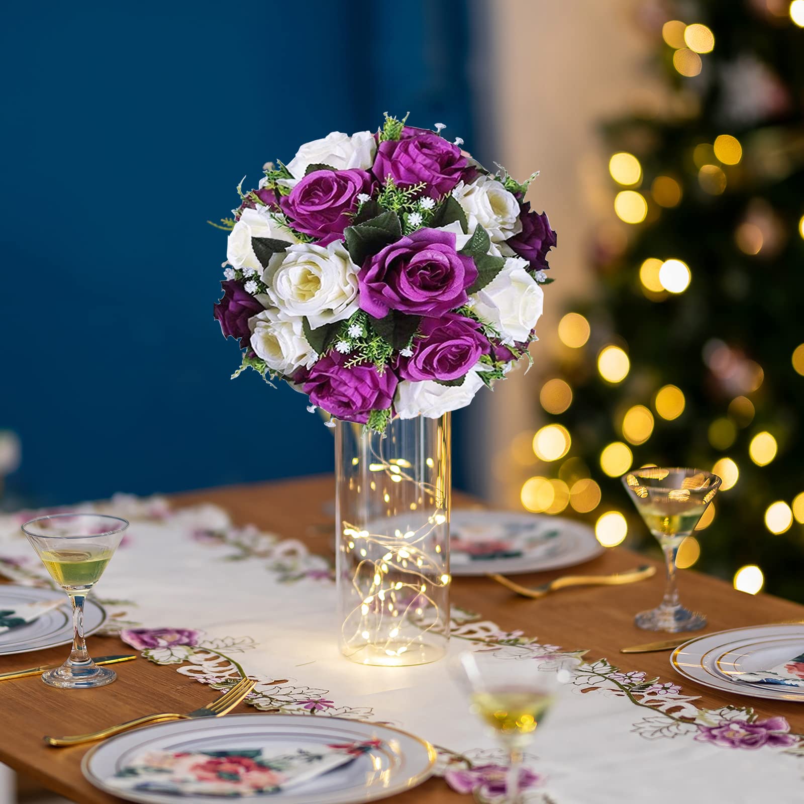 BLOSMON 2 Pack Artificial Rose Flower Balls - Purple & White Fake Floral Centerpieces with Base for Wedding, Home, Party Decor | DIY Kissing Ball Bouquet, Table Arrangement, Romantic Decorations