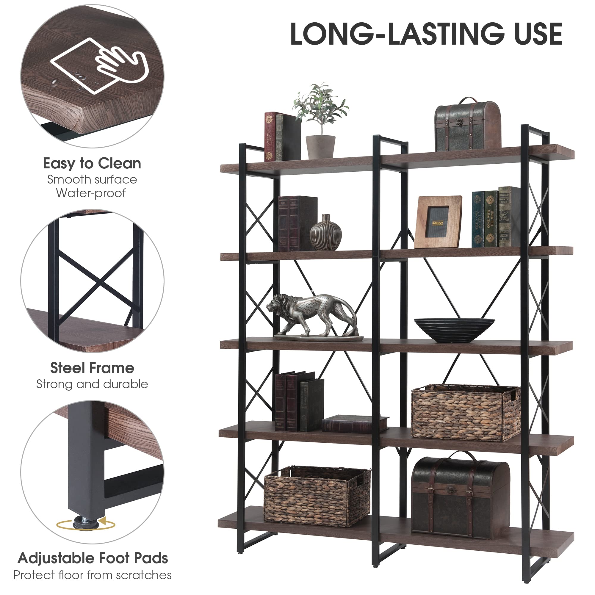 Merax 5-Tier Industrial Bookshelf - X Design Metal Frame Storage Shelf for Home Office, Living Room & Bedroom (Espresso, 71 Inch) - Perfect for Organizing Books, Decor & Office Supplies