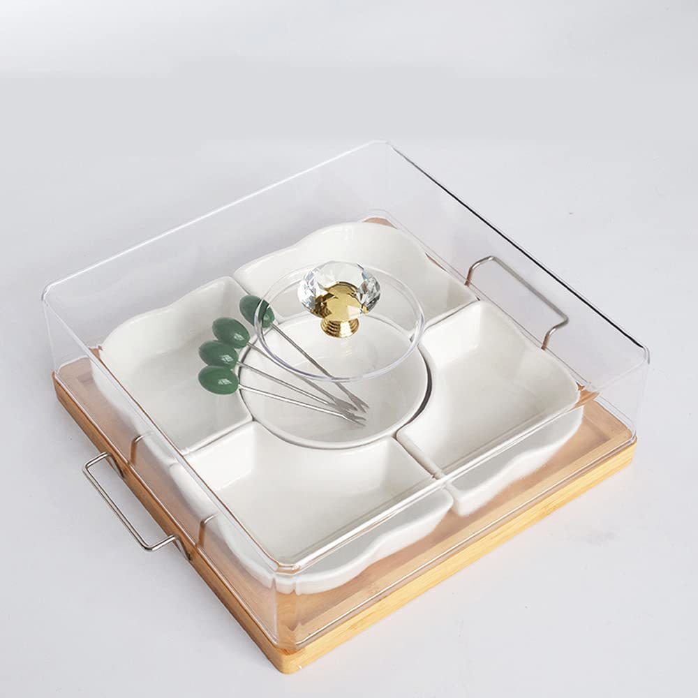 Nordic White Ceramic Square Fruit Platter with Bamboo Tray - 4-Compartment Appetizer Serving Dish with Dust Cover | Perfect for Candy, Nuts, Cheese & Party Snacks | Elegant Home Entertaining & Holiday Dining Decor