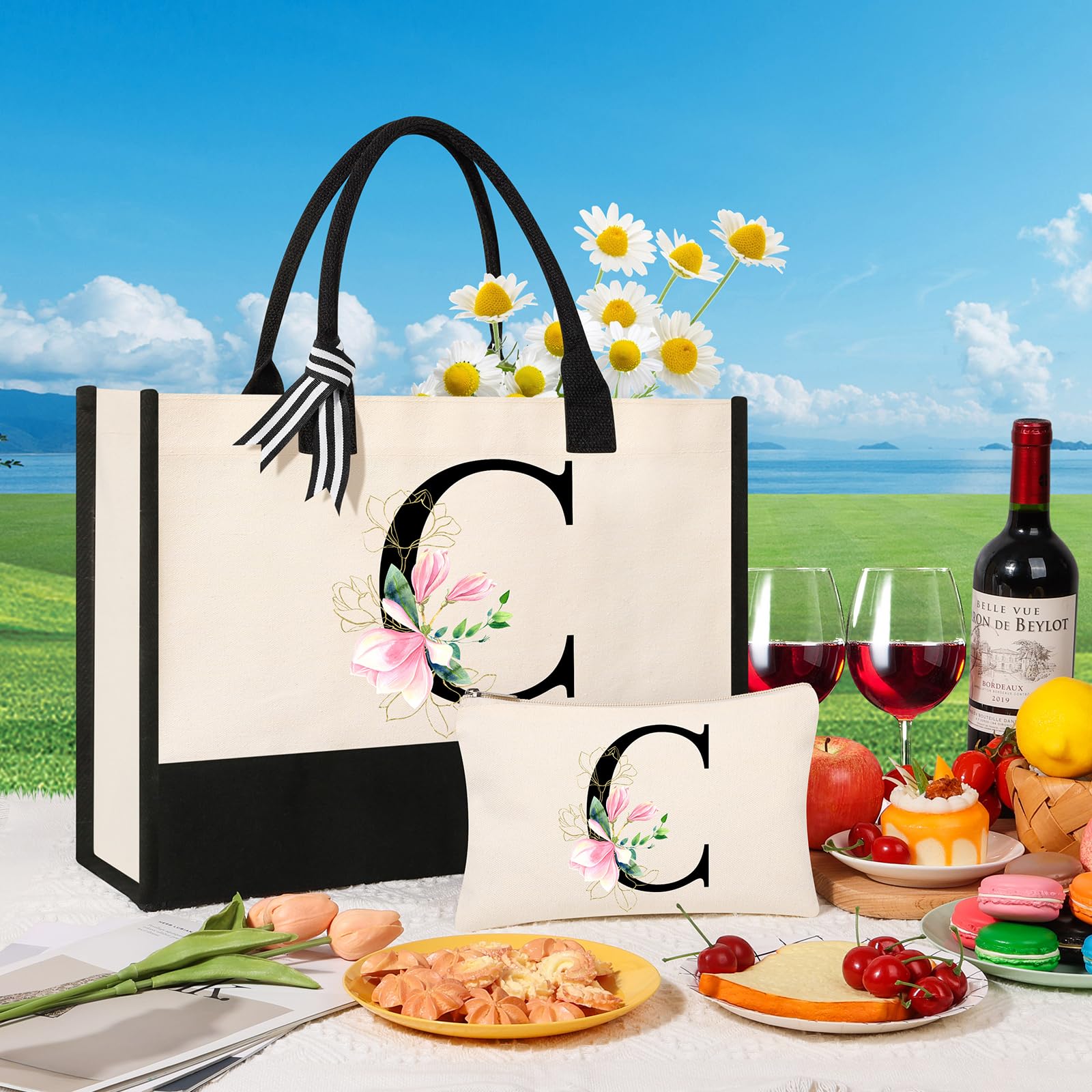 AYGE Personalized Monogrammed Beach Tote Bag for Women - Custom Makeup Bag, Ideal Birthday Gift for Sister, Mom, Teacher, Bridesmaid - Perfect for Beach Days, Travel, and Shopping (C)