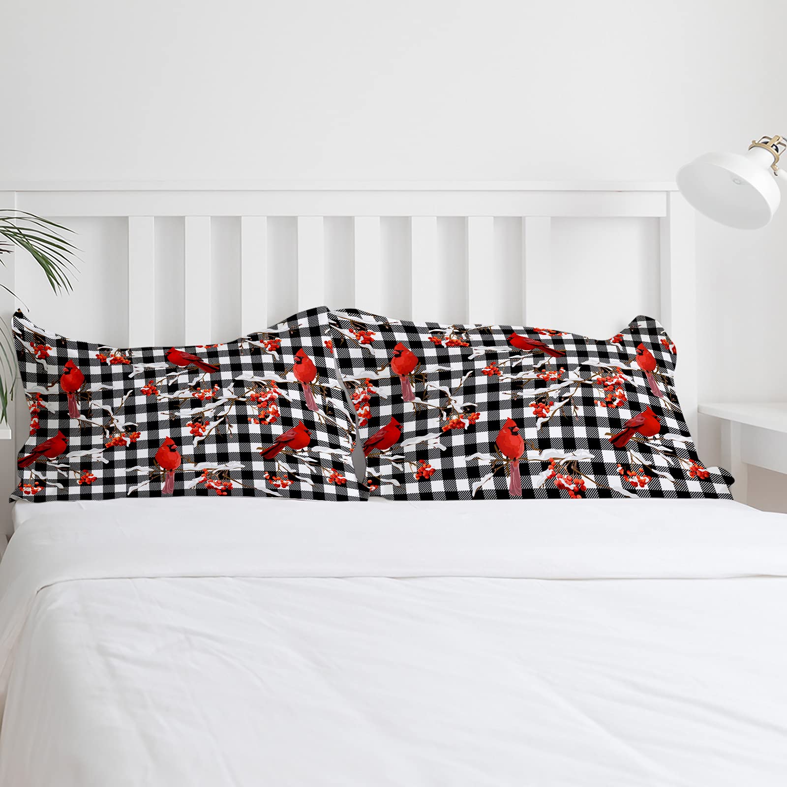 Christmas Duvet Cover Set 4-Piece Queen Size - Winter Snow Cardinalis Black White Plaid Soft Bedding Set with Duvet Cover, Flat Sheet & Pillowcases - Cozy Holiday Bedroom Decor for Kids, Teens & Adults