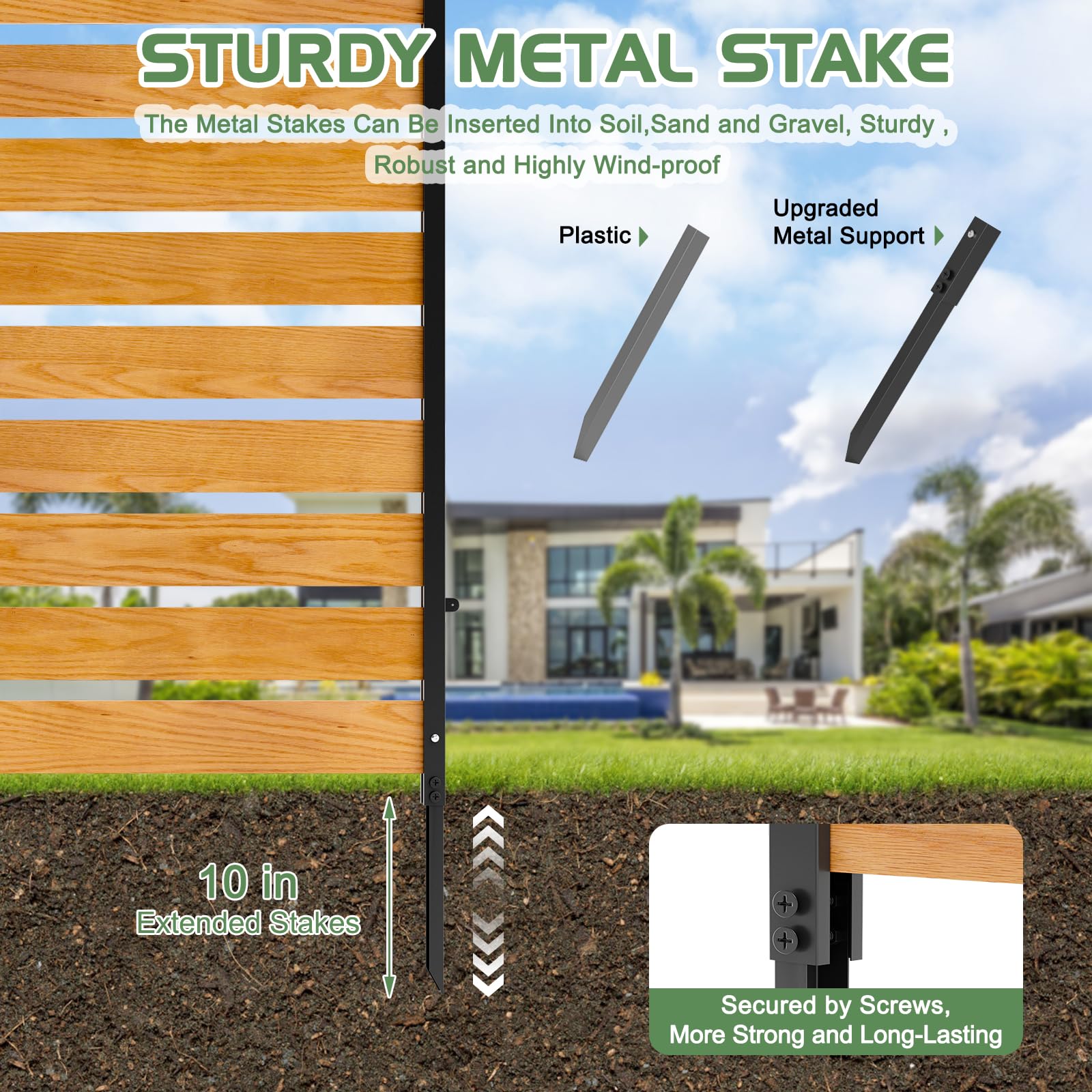 Outdoor Wood Privacy Screen with Metal Stakes - 38