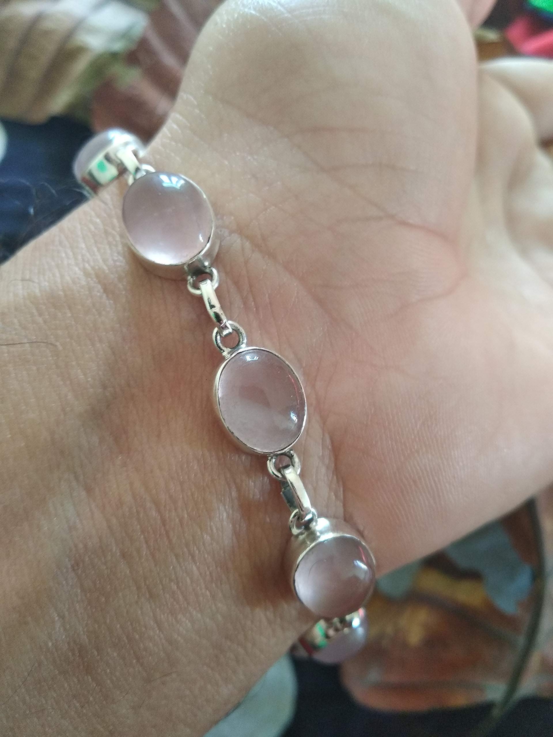 Rose Quartz Bracelet for Women & Men - 925 Sterling Silver Healing Crystal Jewelry with Protection Properties - Unisex Bohemian Vintage Style Statement Bracelet - Perfect for Wedding, Engagement Gifts, Meditation & Spiritual Healing