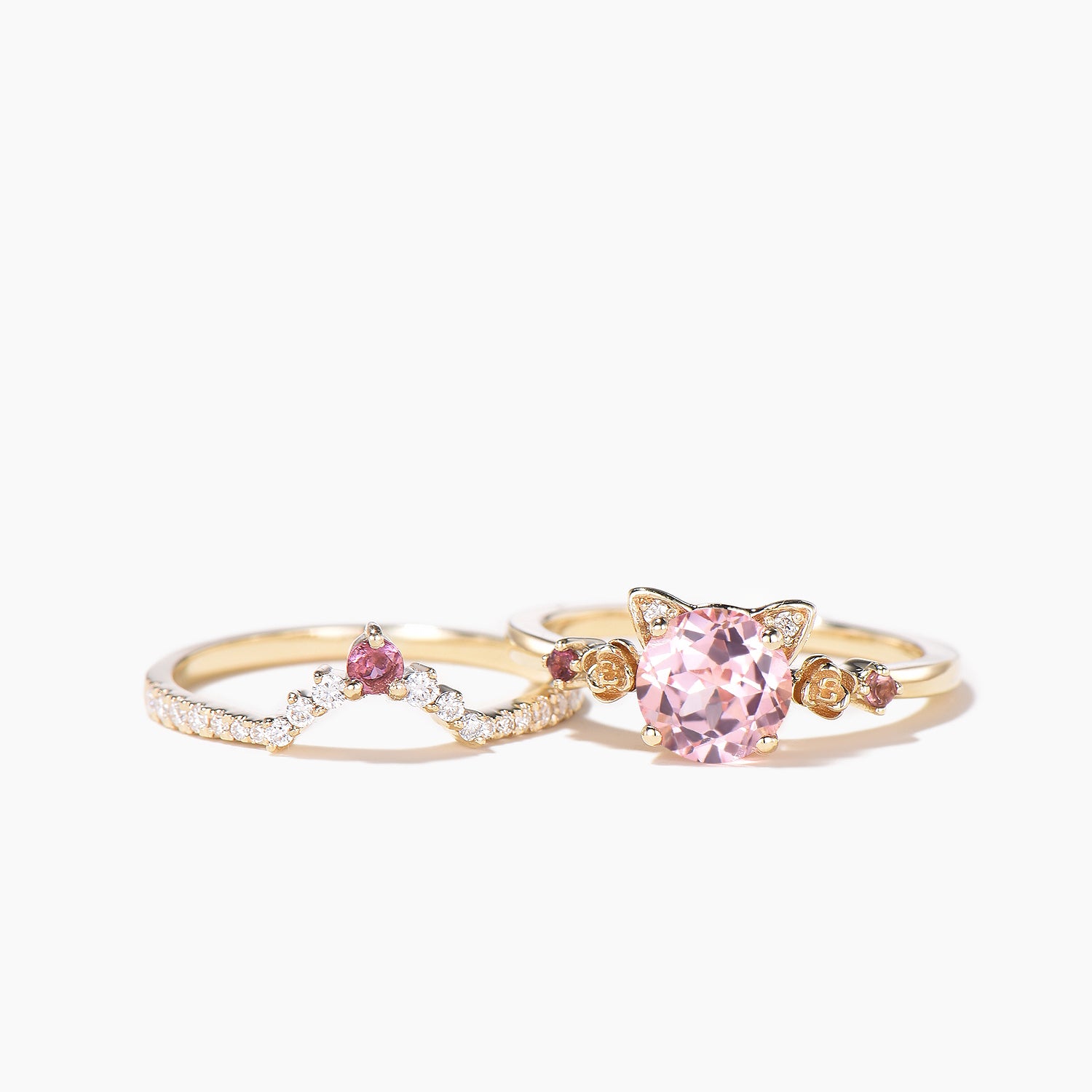 Exquisite Round Cut Padparadscha Sapphire & Diamond Floral Bridal Ring Set – Elegant Cat & Tourmaline Accents for Engagement, Wedding, or Anniversary Gifts
