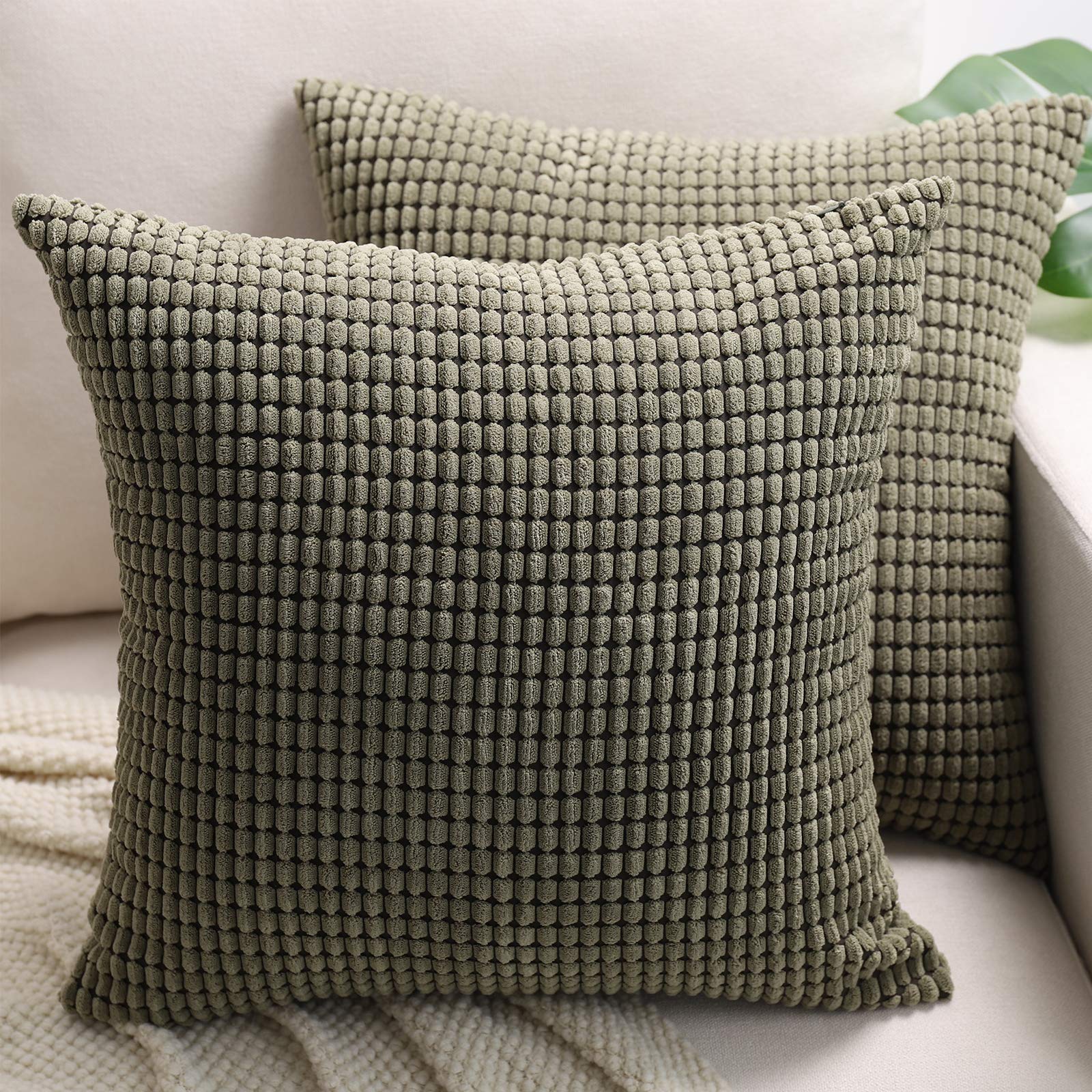 BeBen 18x18 Inch Throw Pillow Covers Set of 2 - Soft Corduroy Cushion Cases for Couch, Sofa, Bed & Car - Olive Green Home Decor for Living Room & Bedroom - Cozy & Stylish Accent Pillows for Comfort & Design