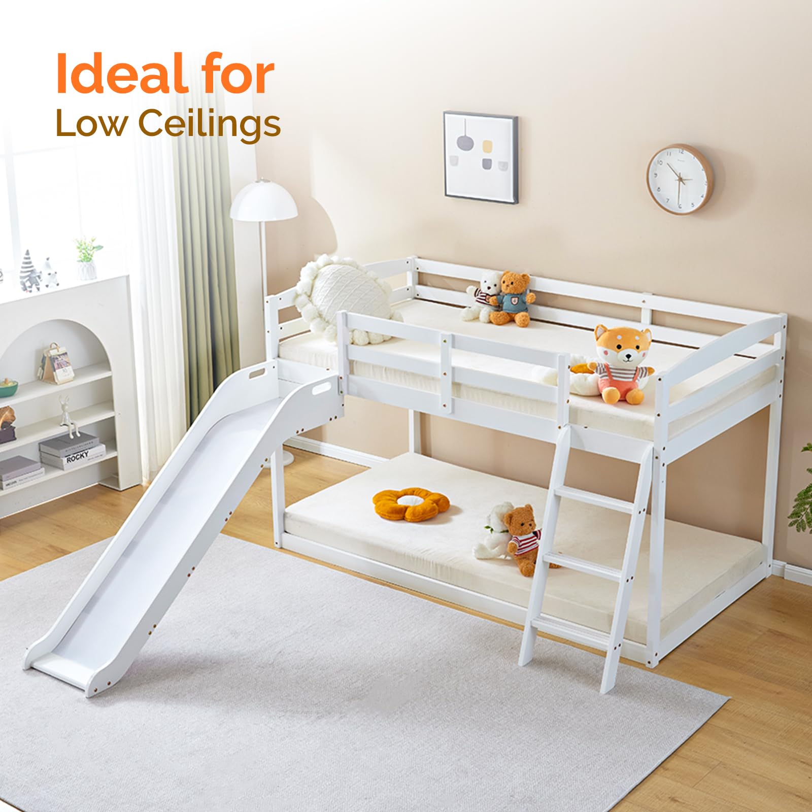 JOYMOR Twin Over Twin Bunk Bed with Curved Slide - Solid Pine Wood Low Bunk Bed with Angled Ladder & 14