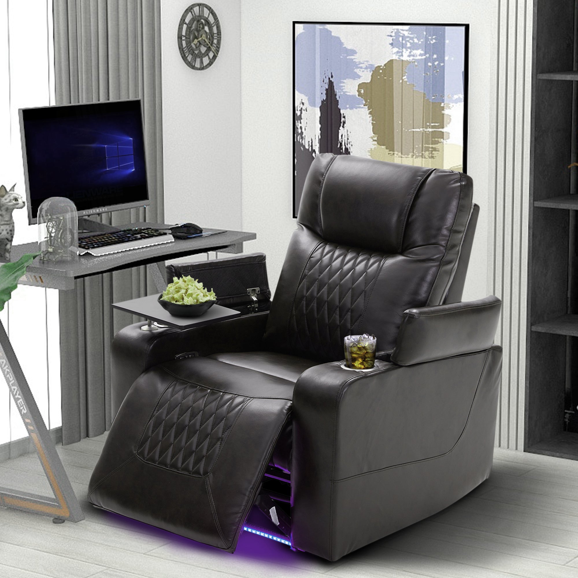 Power Motion Recliner Chair with USB Charging Port, Hidden Arm Storage, 2 Cup Holders & 360° Swivel Tray Table - Black - Perfect for Living Room, Home Theater & Office Relaxation