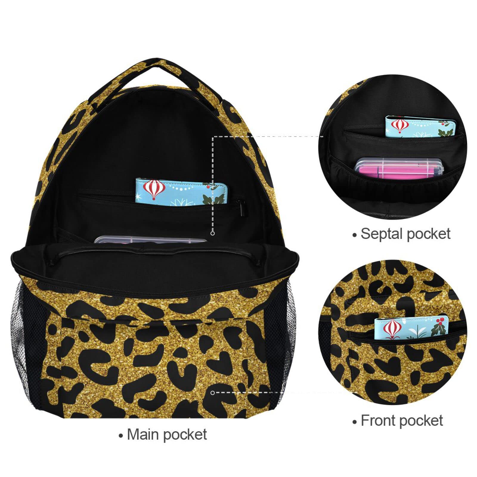 JIPONI Gold Animal Print Glitter Leopard Cheetah Backpack for Girls & Boys - Stylish School Bag, Bookbag, Travel Laptop Backpack, Daypack for Students & Teens - Perfect for School, College, Travel & Daily Use