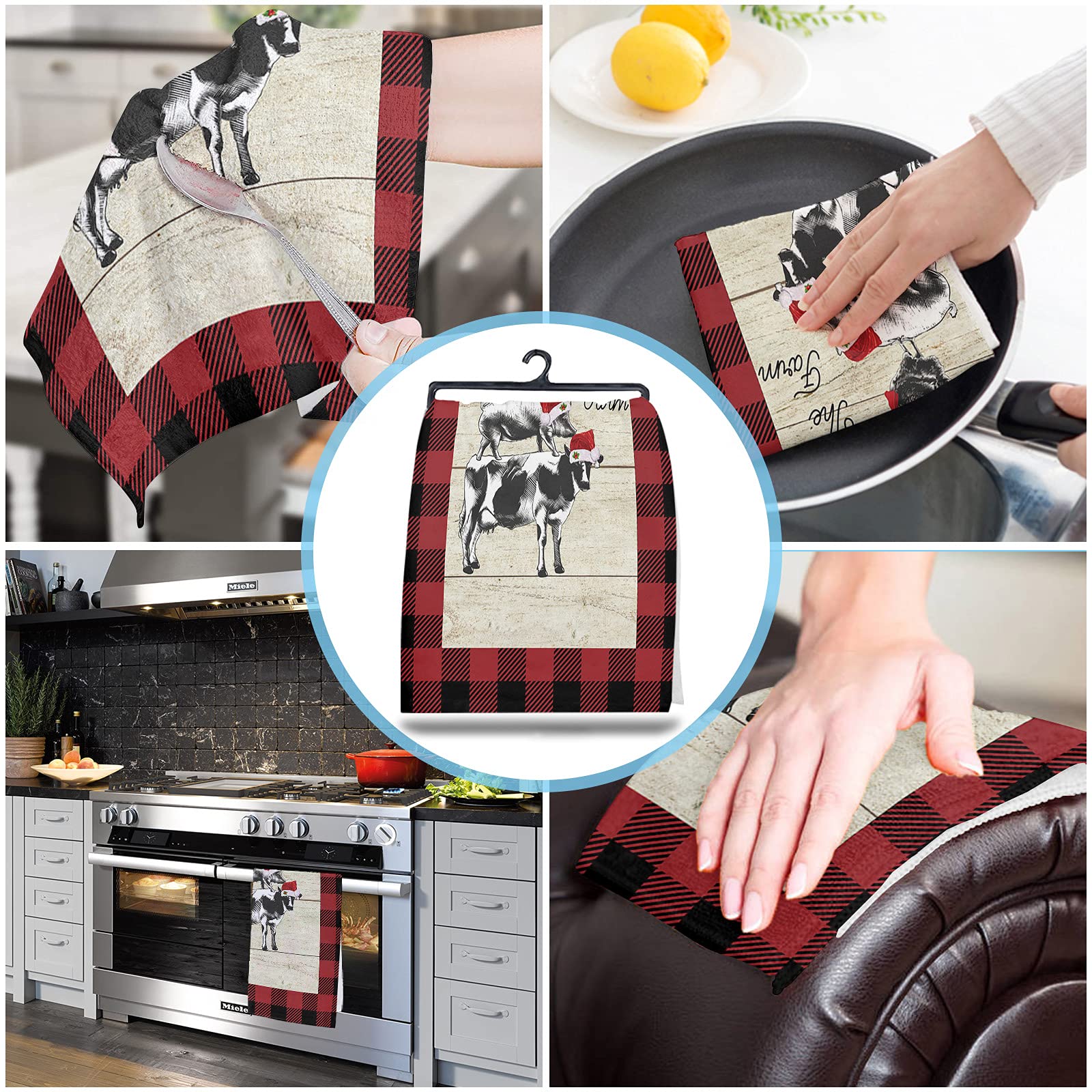 Super Absorbent Microfiber Kitchen Dish Towels 1 Pack - Soft Christmas Farm Animal Design with Red Plaid & Holiday Hats | Multipurpose Cleaning Cloths for Dishes, Hand Drying, Tea Towels in Kitchen, Bathroom & Bar Decor