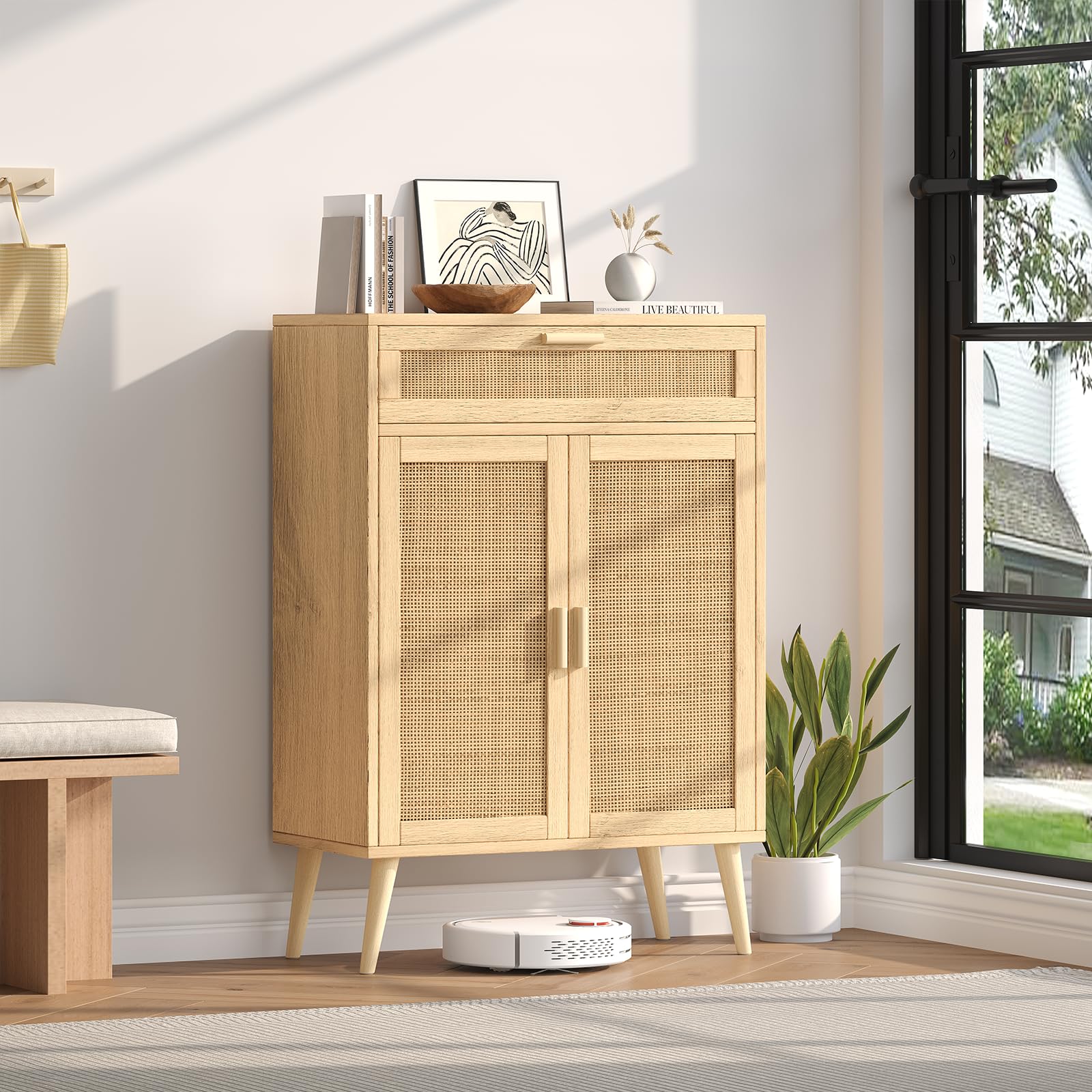 Rovaurx Natural Rattan Accent Floor Storage Cabinet with Large Drawer - Freestanding Bathroom Organizer Cabinet for Bedroom, Living Room & Home Decor (BMGZ107M)