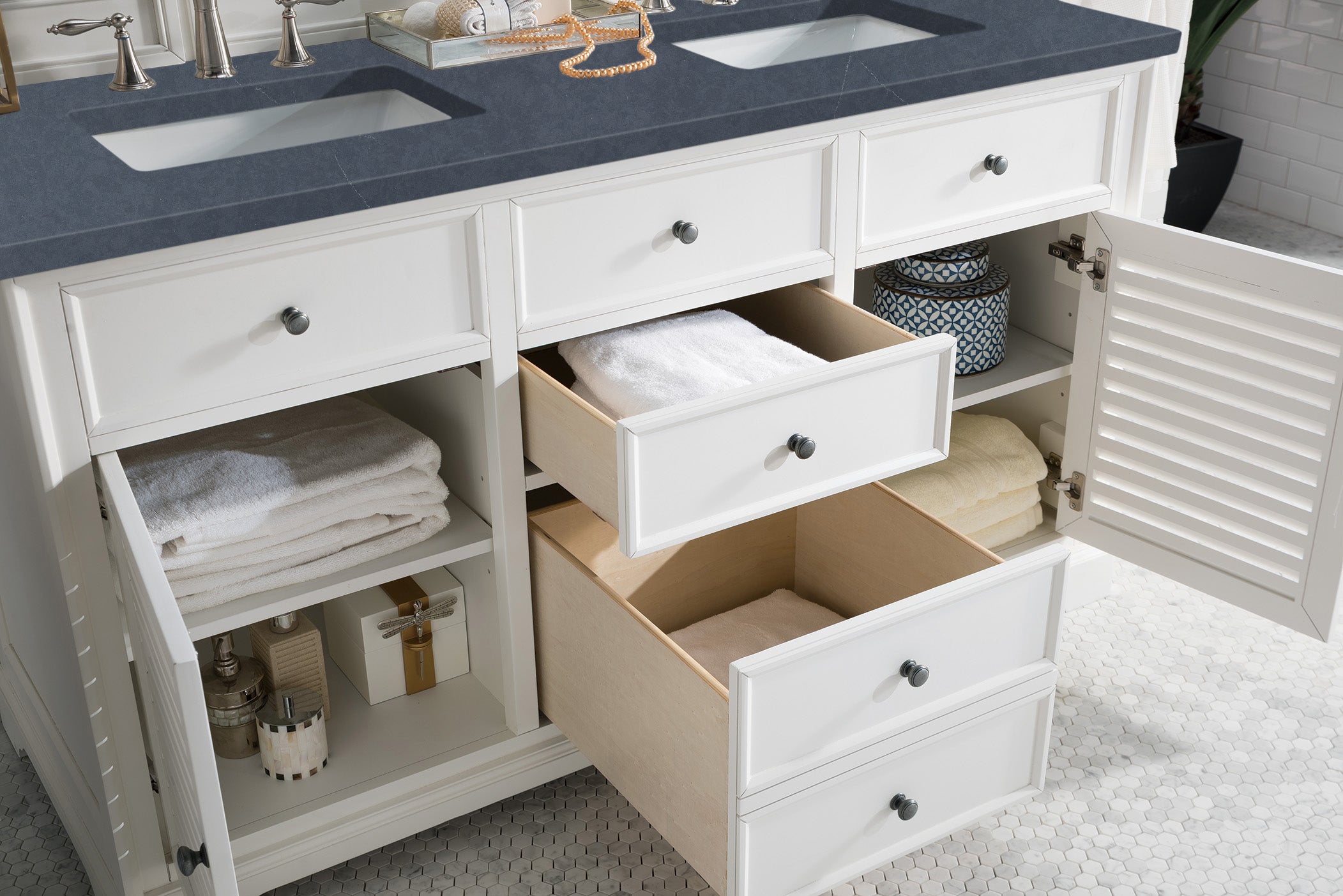 Savannah 60 Inch Double Vanity Cabinet with Charcoal Soapstone Quartz Top - Bright White Bathroom Vanity with 3CM Thick Countertop | Perfect for Master Bath, Guest Bath & Powder Room Remodeling
