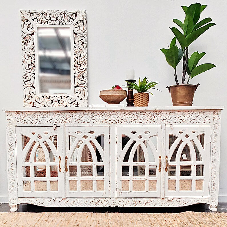 Distressed White French Arched Hand Carved Solid Mango Wood Sideboard Buffet Cabinet - Perfect for Dining Room Storage, Farmhouse Decor & Rustic Home Furnishings