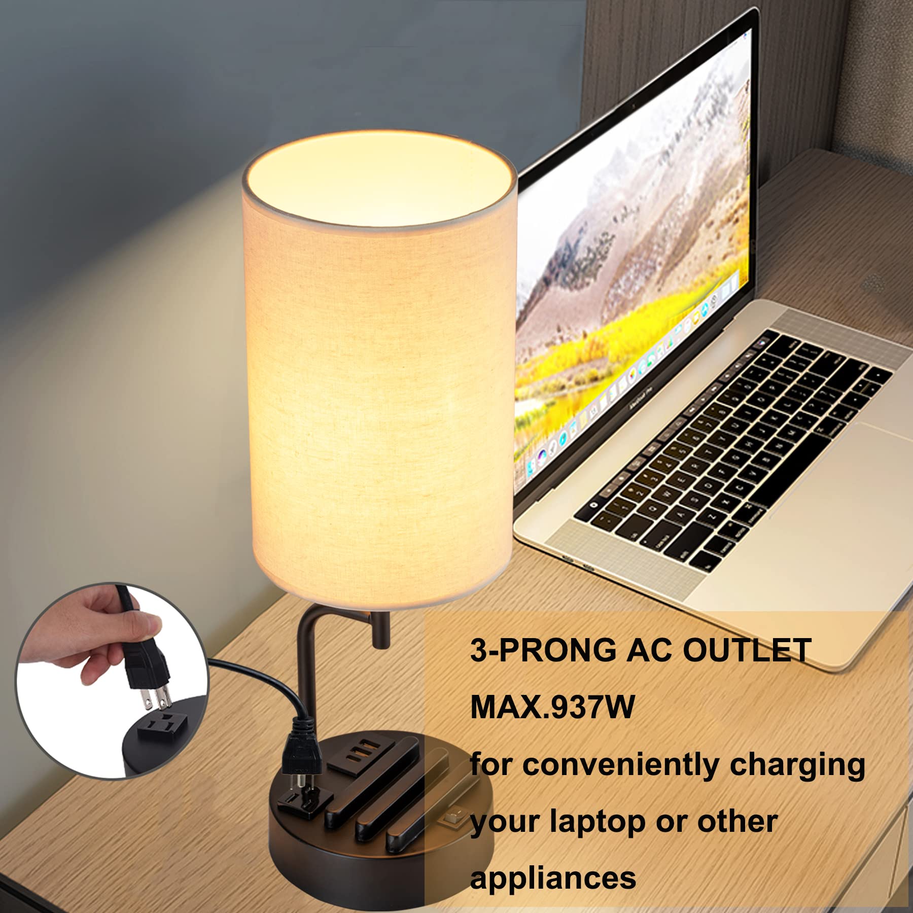 Dreamholder Table Lamp with 3 USB Ports & AC Outlet - USB Charging Desk Lamp with 2 Phone Slots, Black Base & Cream Linen Shade - Perfect for Bedroom, Living Room, Office, Nightstand - Pack of 2