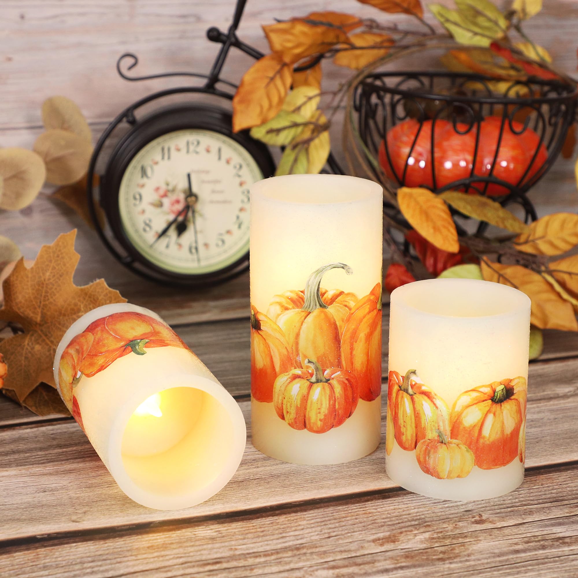 Impress Life Fall Harvest Pumpkin Flameless LED Candles - 3 Pack Realistic Flickering Candles with Remote & Timer for Halloween, Thanksgiving, Home Decor | Perfect for Bedroom, Dining Table, and Party Centerpieces
