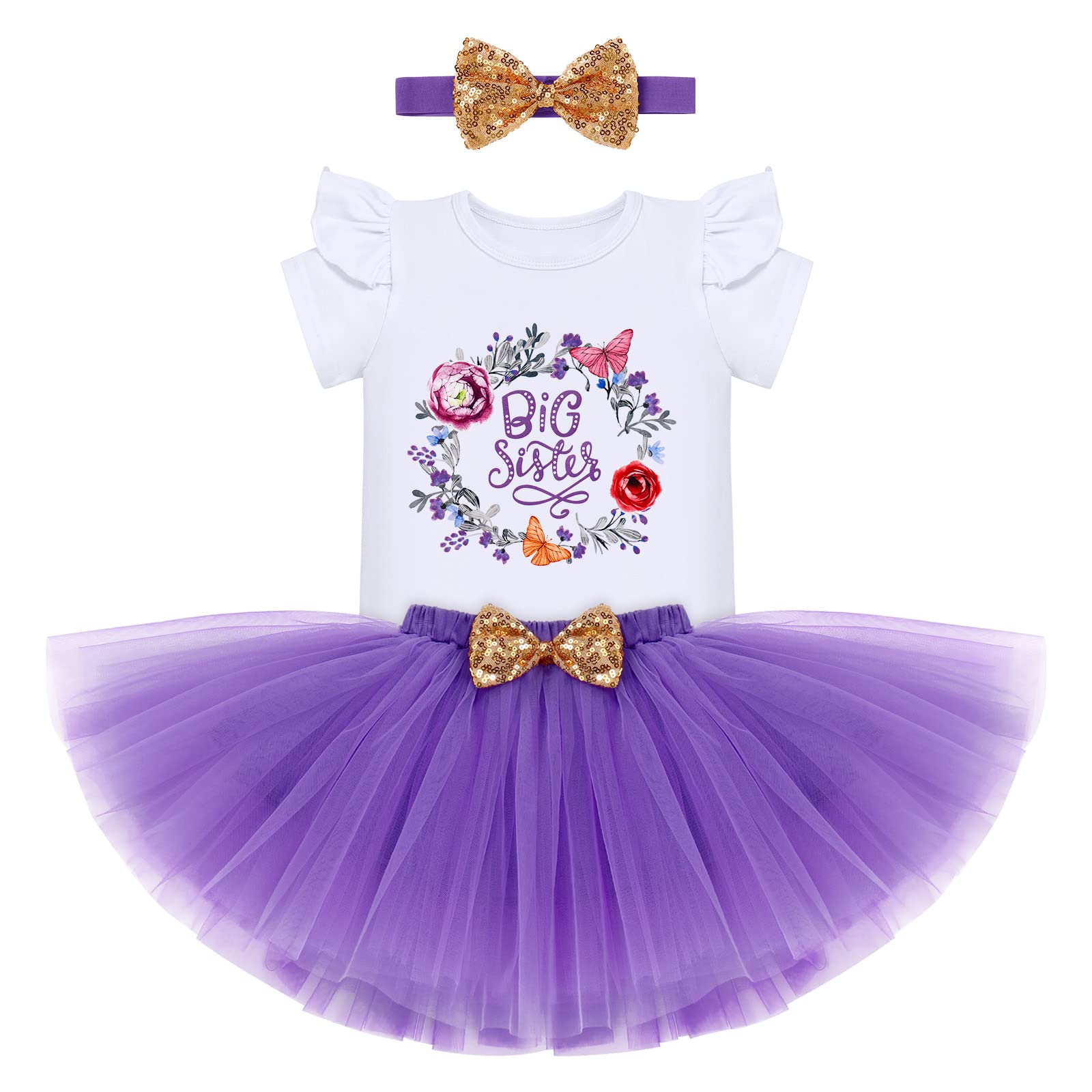 Big Sister Little Sister Matching Outfits for Toddler & Baby Girls - 3PCS Short Sleeve Top, Romper & Skirt Set with Headband - Perfect for Family Photos, Sibling Bonding & Special Occasions