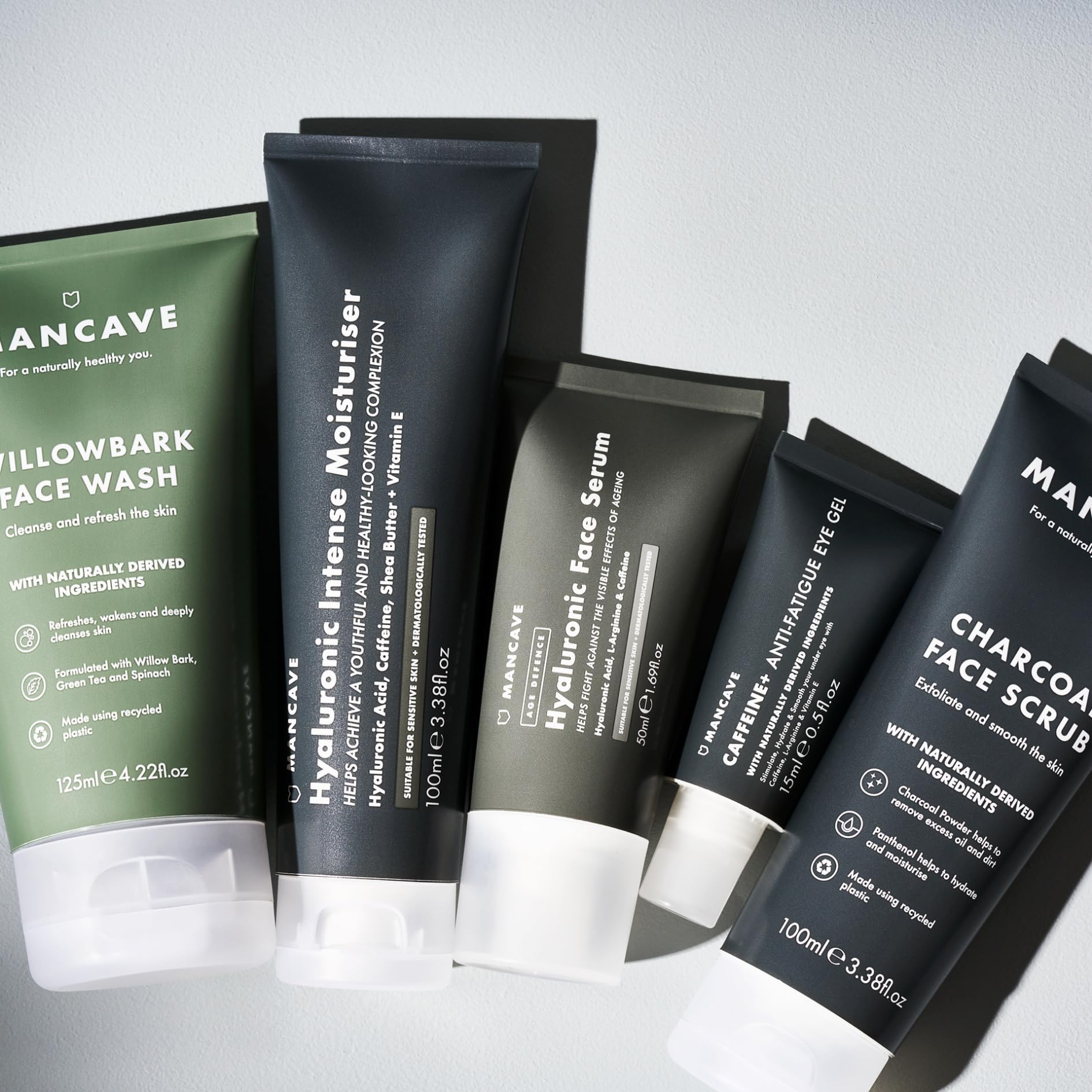 ManCave Hydration+ Skincare Gift Set for Men - SPF 20 Moisturizer, Face Wash, Exfoliating Scrub, Hyaluronic Serum & Eye Gel | Dermatologist Tested, Vegan & Natural | Perfect for Daily Skincare Routine & Travel Essentials