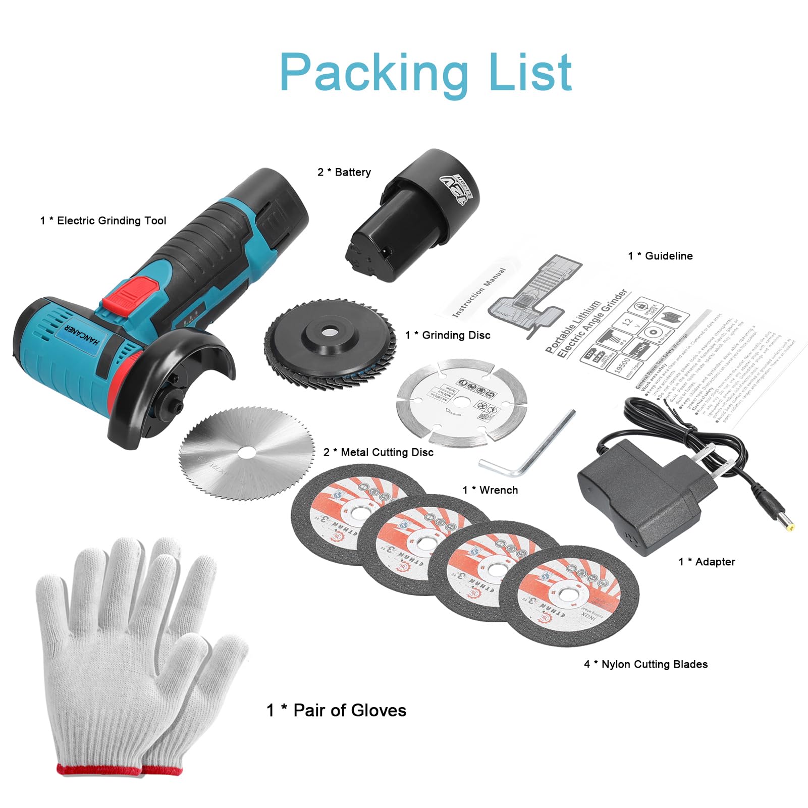 Hancaner 12V Cordless Angle Grinder with 2PCS 2000mAh Battery | 19500 RPM Mini Electric Grinder for Cutting, Polishing & Grinding | Perfect for Tile, Wood, Stone & Metal Work | DIY Projects & Professional Use