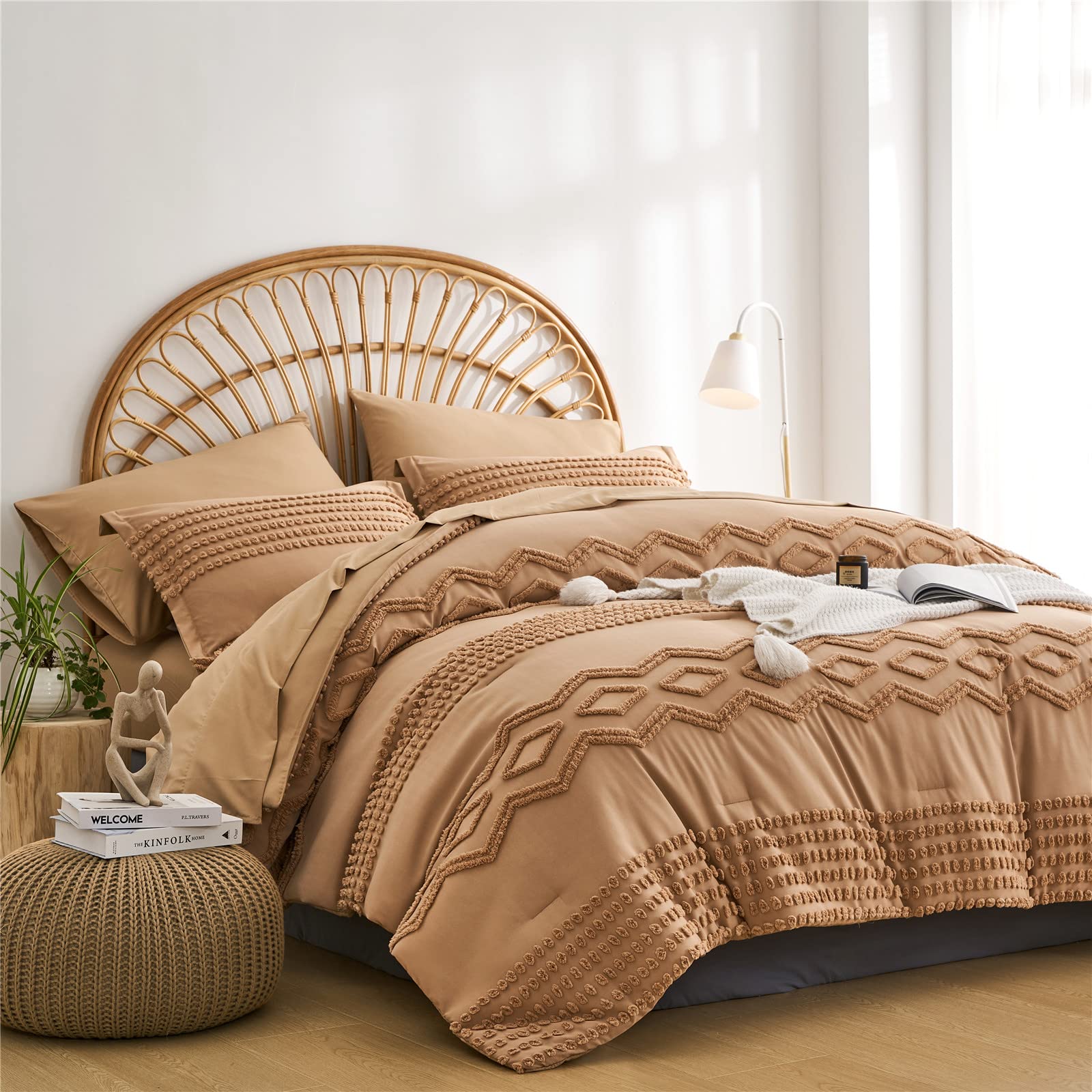 KAKIJUMN 7-Piece Queen Size Khaki Tufted Comforter Set - All Season Soft Microfiber Bedding with Shabby Chic Boho Design | Perfect for Master Bedroom, Guest Room & Dorm Decor (Khaki, Queen)