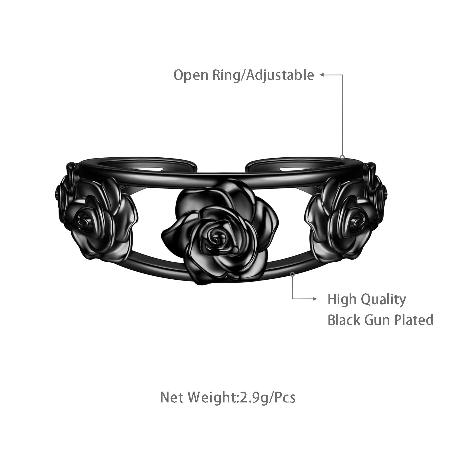 Beautlace Adjustable Rose Flower Ring - Silver & Black Gun Plated Open Ring for Women | Elegant Wedding, Engagement Jewelry Gift | Perfect for Valentine's Day, Anniversary & Romantic Occasions