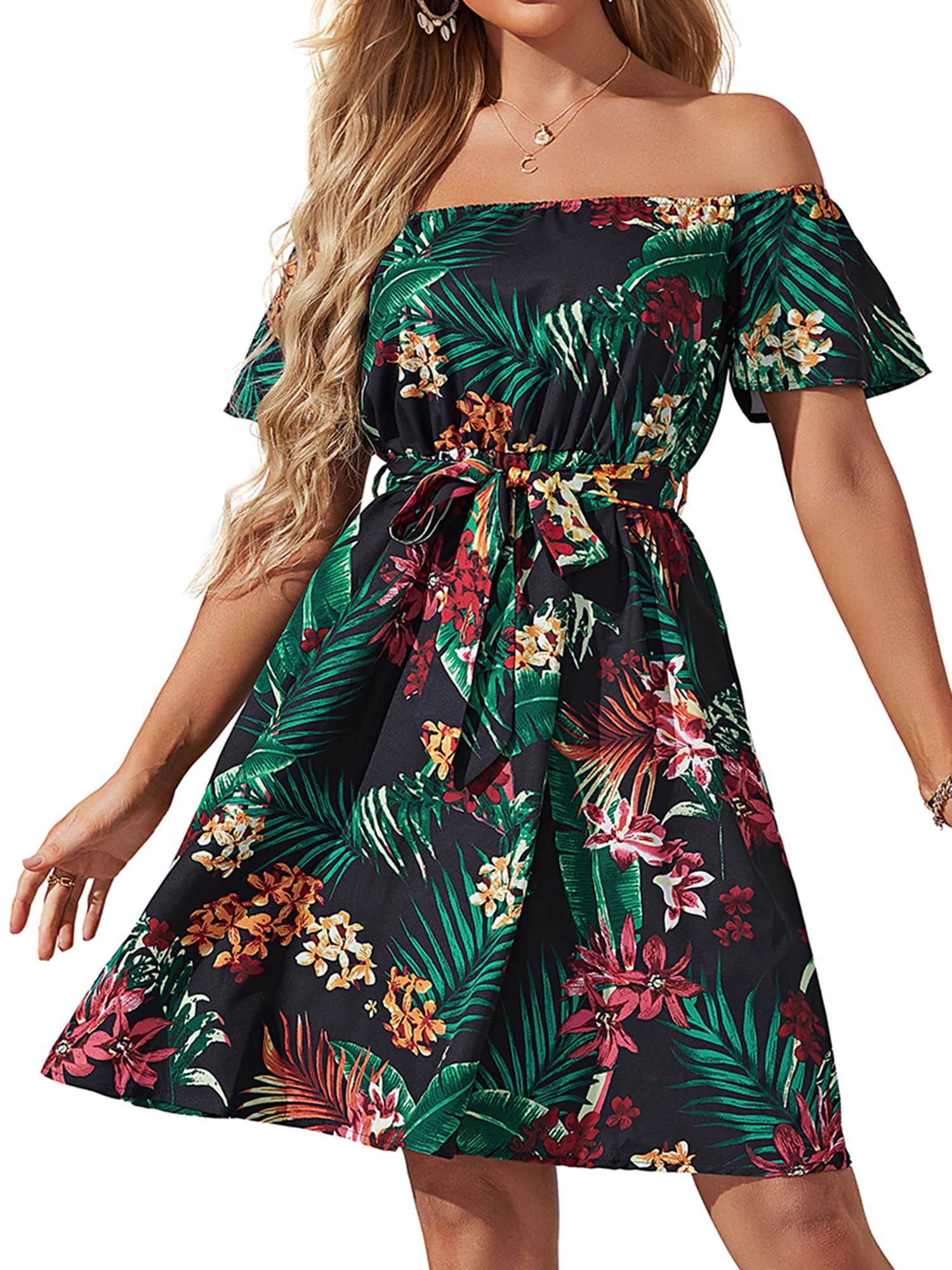 Women's Off Shoulder Ruffle Floral Summer Dress - A-Line Short Skater Dress with Belt for Wedding Guest, Party, Beach Vacation & Date Night
