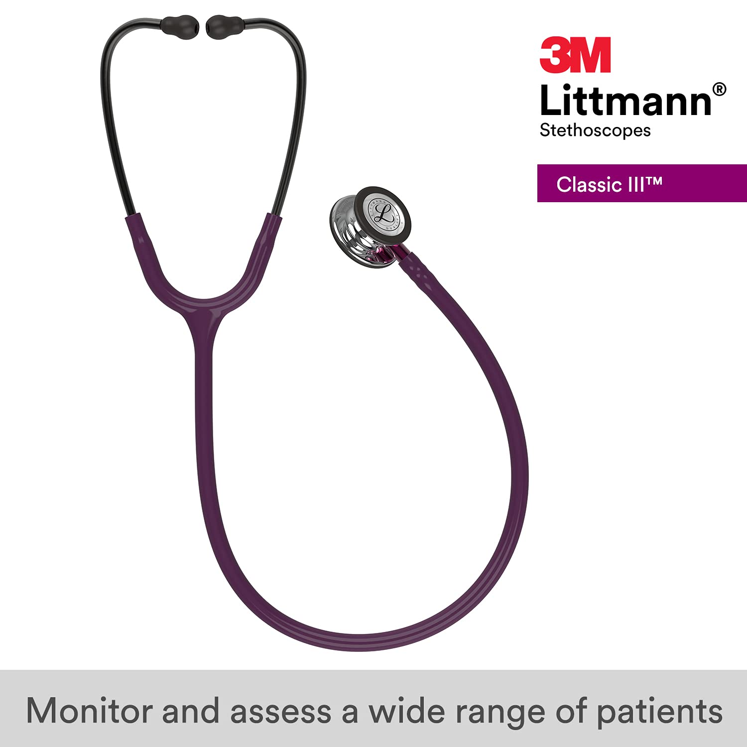 3M Littmann Classic III Monitoring Stethoscope - Mirror Chestpiece, Plum Tube, Pink Stem & Smoke Headset, 27 Inch (Model 5960) | Ideal for Medical Professionals, Nurses & Students in Hospitals & Clinics