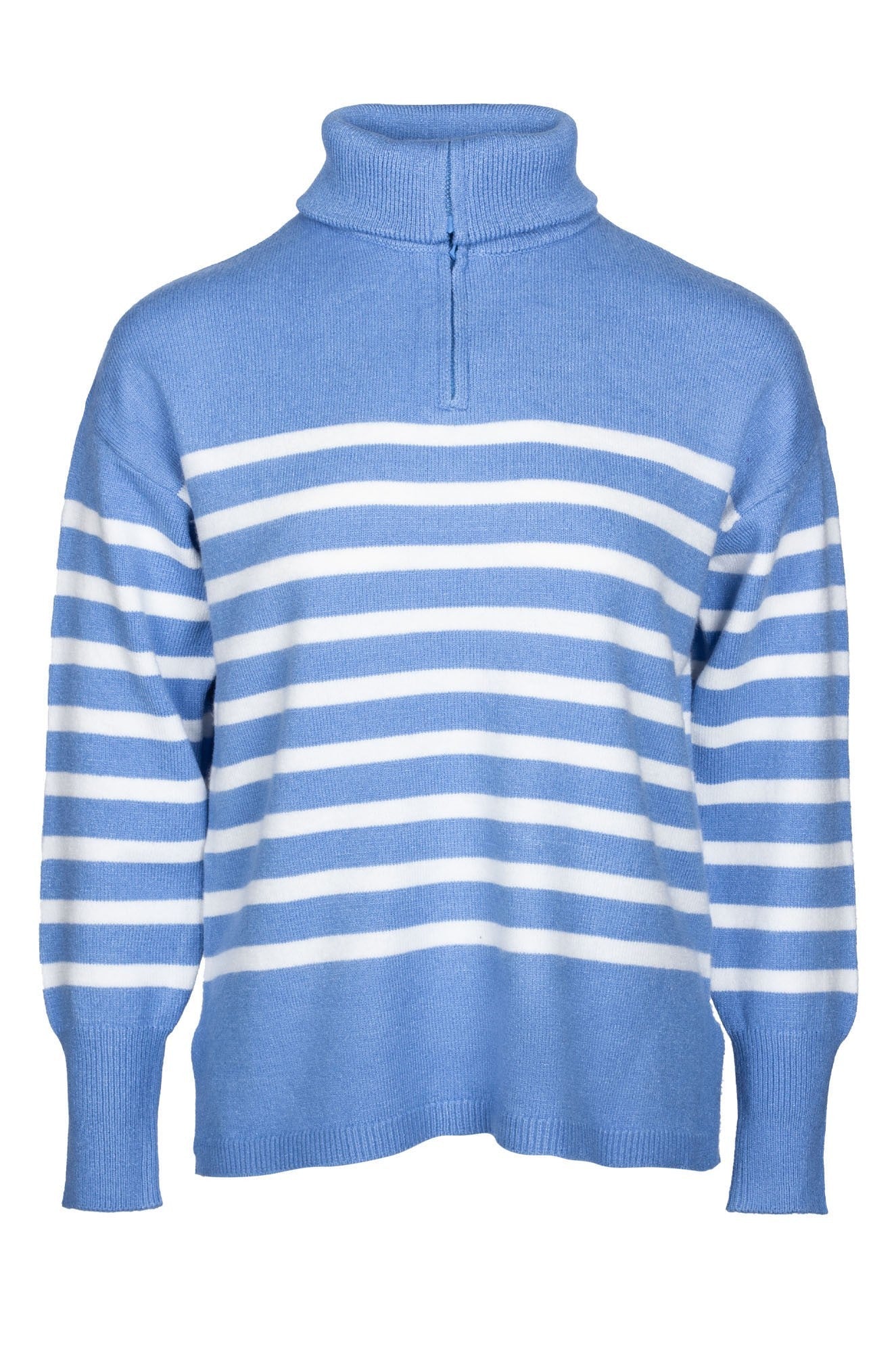 Women's Striped Knit Jumper Sweater - Deep Sky Blue & Ivory Color Block Pullover | 7324B1 | Perfect for Casual Outfits, Office Wear & Fall Layering