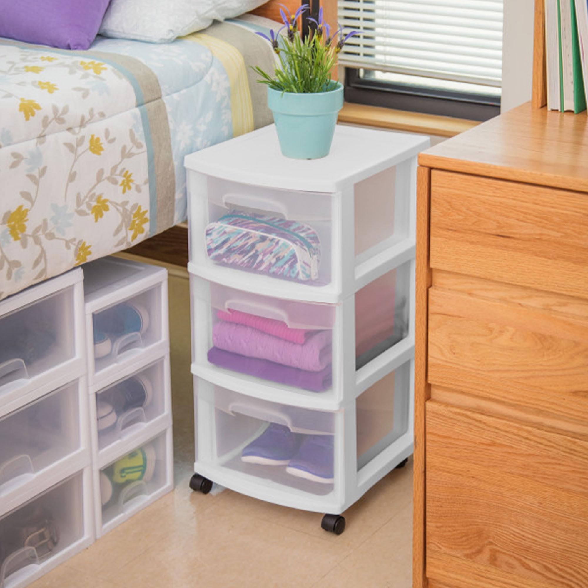 Sterilite 4-Pack 3-Drawer Rolling Storage Cart - White Plastic Organizer Bins for Closet, Bathroom & Office Organization - Space-Saving Mobile Storage Solution for Home, Dorm or Workplace