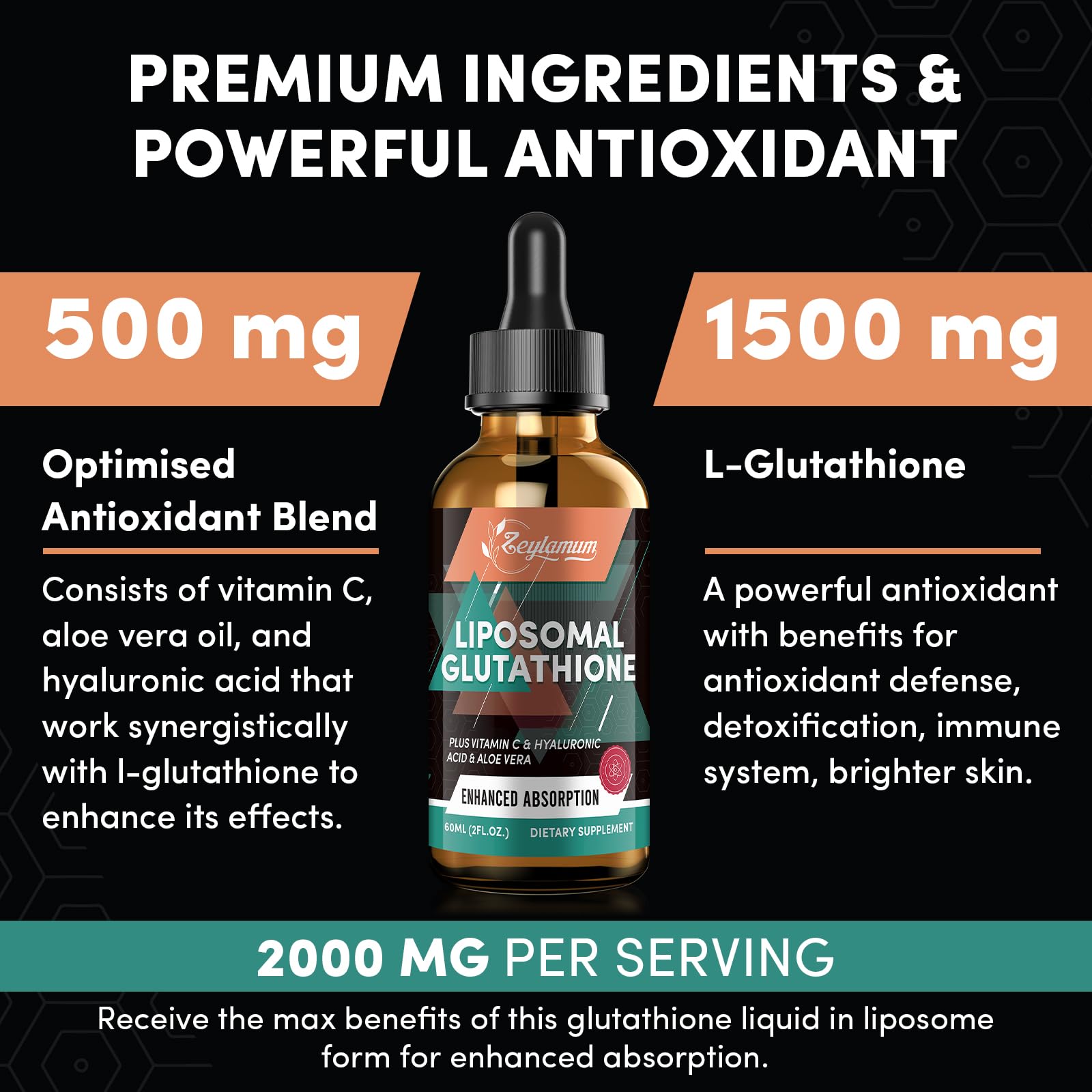 2000MG Liposomal Glutathione Liquid Drops - Premium Antioxidant Supplement with Vitamin C & Hyaluronic Acid for Enhanced Absorption | Supports Liver Detox, Skin Health & Immune Boost | 4.05 OZ Bottle for Daily Wellness & Anti-Aging Routine