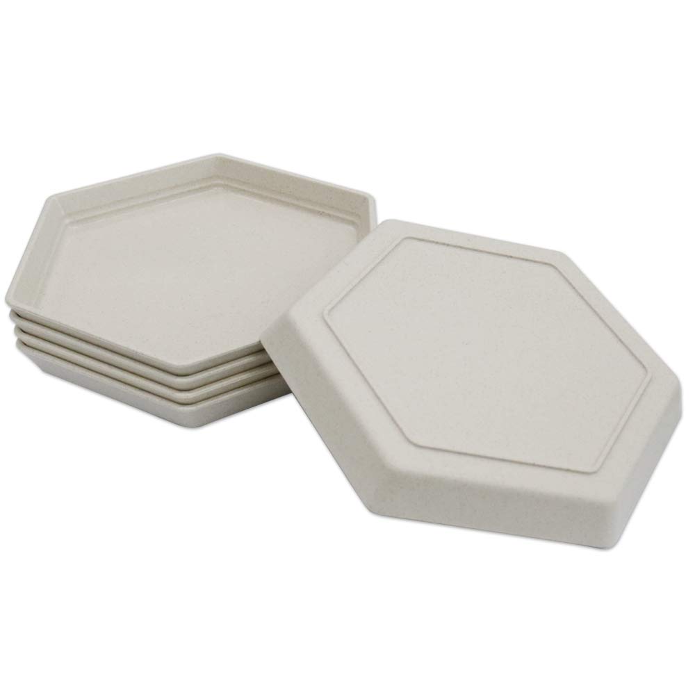 5 Pack Hexagon Dessert Plates 6.7 x 5.9 Inches - Unbreakable Reusable Appetizer Plates, Colorful Small Snack Saucers for Fruit, Candy, Side Dishes - Perfect for Parties, Picnics & Home Dining (15cm, Beige)