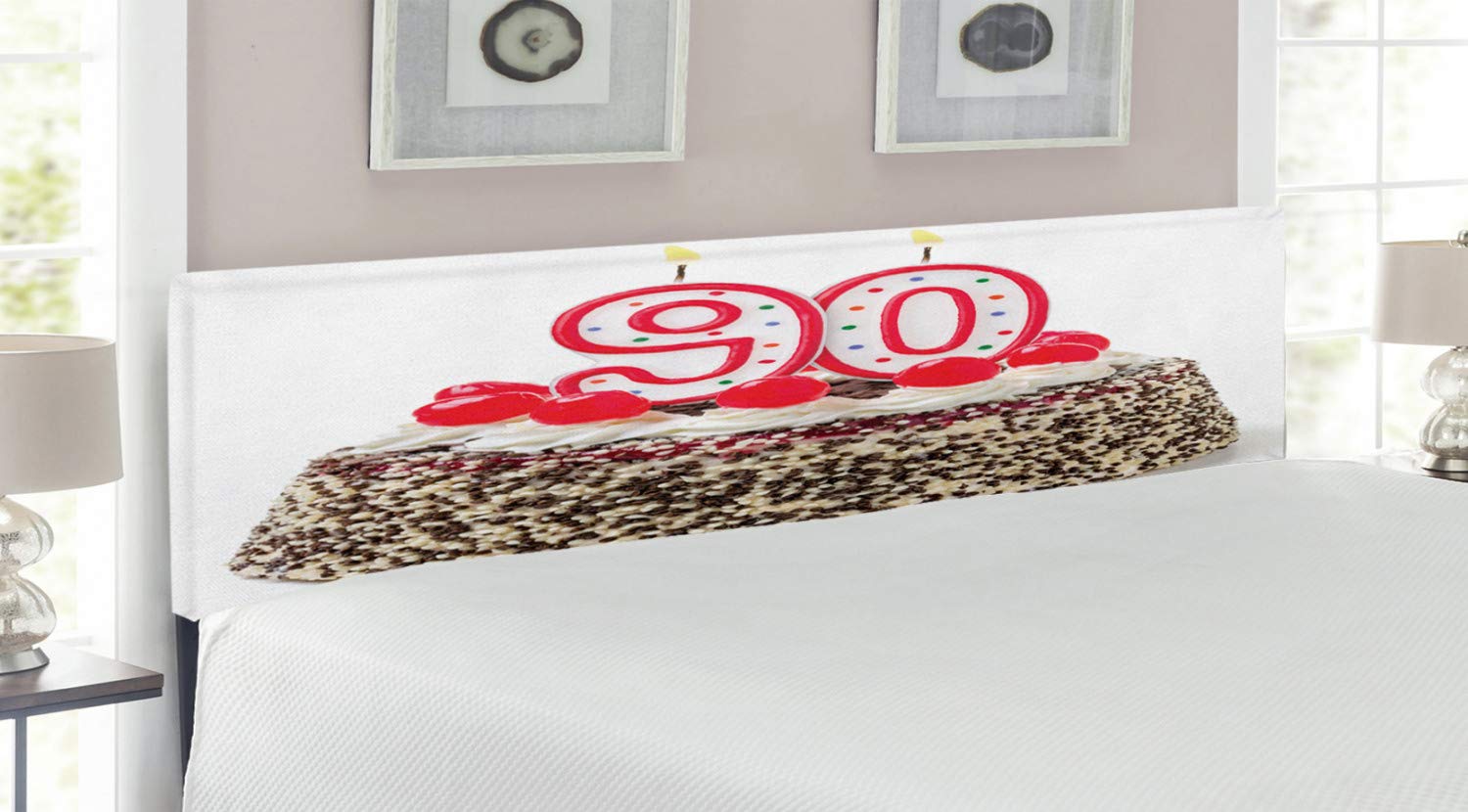 Ambesonne 90th Birthday Headboard - King Size Upholstered Metal Bed Frame with Memory Foam, Decorative Cake Design with Cherries & Candles in Red, Brown & White - Perfect for Birthday Bedroom Decor & Anniversary Gift Ideas