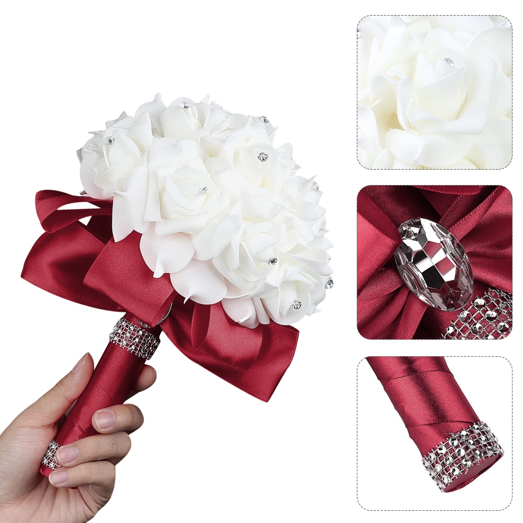 Elegant Burgundy Silk Rose Bridal Bouquet with Crystals - Perfect for Brides, Bridesmaids & Wedding Toss Bouquet - Burgundy & White Wedding Party Flowers for Ceremonies, Receptions & Photo Shoots