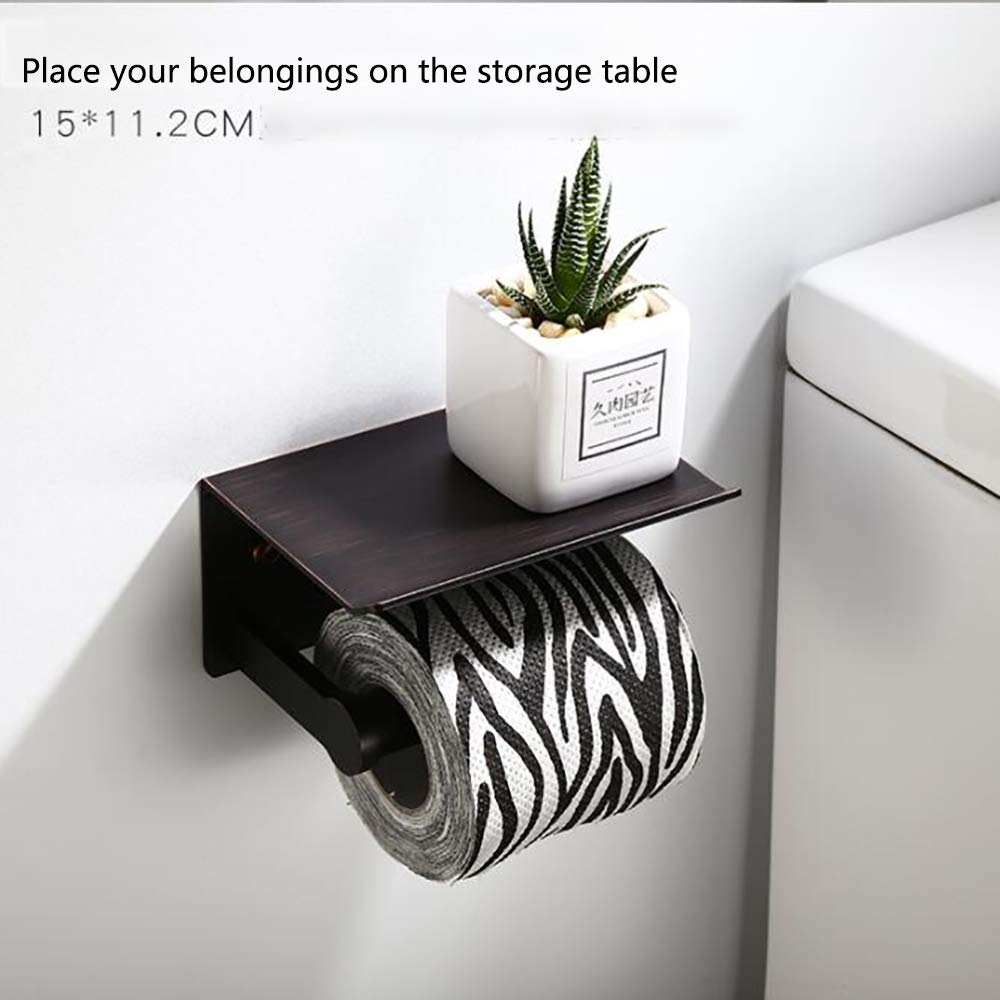 Wall Mounted Toilet Paper Holder with Shelf - Aluminum Bathroom Tissue Roll Dispenser & Phone Storage Organizer for Bathroom, Kitchen, Hotel - Black Ancient Finish (Drilling Required) | Perfect for Small Spaces & Modern Home Decor