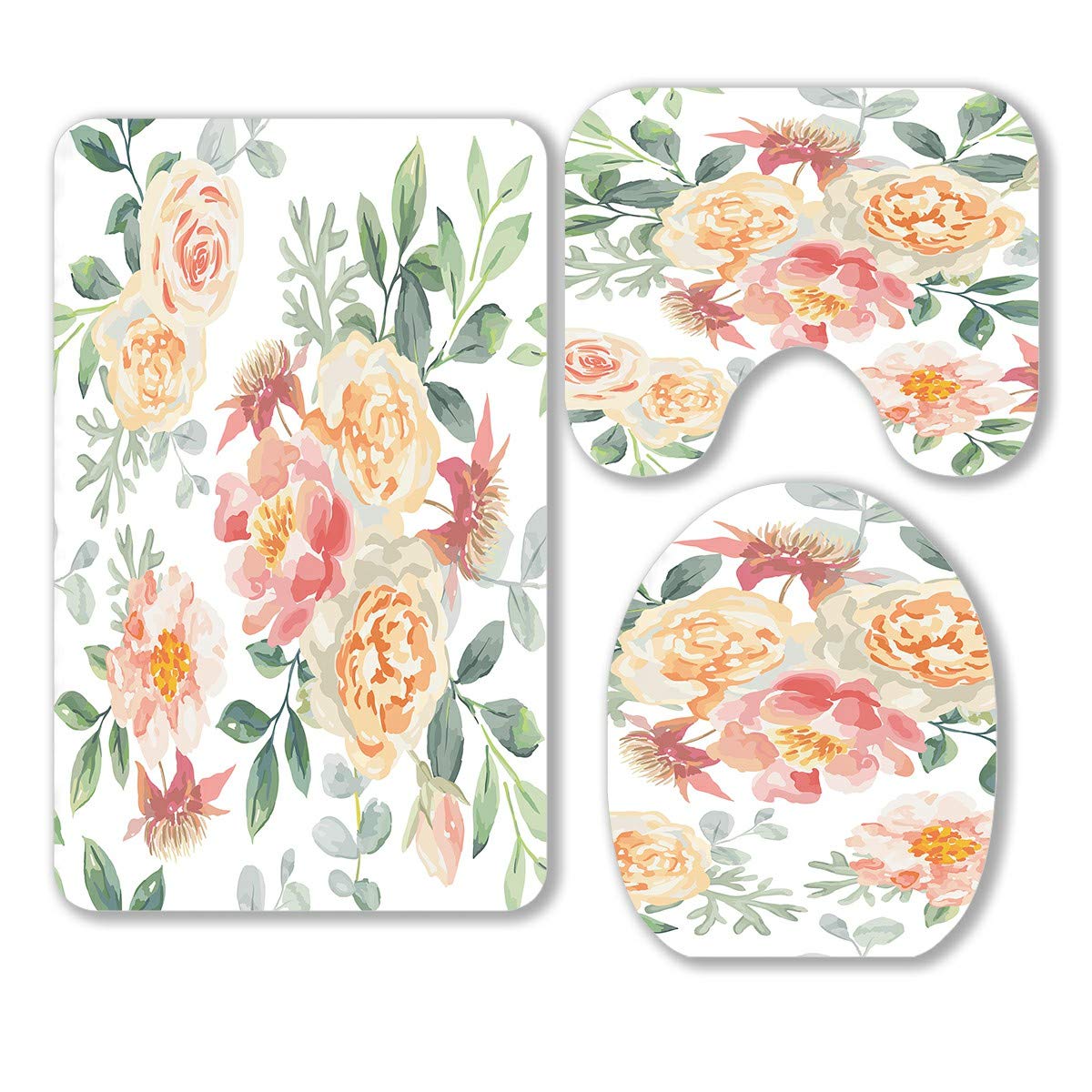 Pink Roses and Peonies Bathroom Rug Set - 3 Piece Non-Slip Bath Mat with Gray Leaves Design, Contour Mat & Toilet Lid Cover for Modern Bathroom Decor | Soft Absorbent Cotton for Bath, Shower, Vanity Area