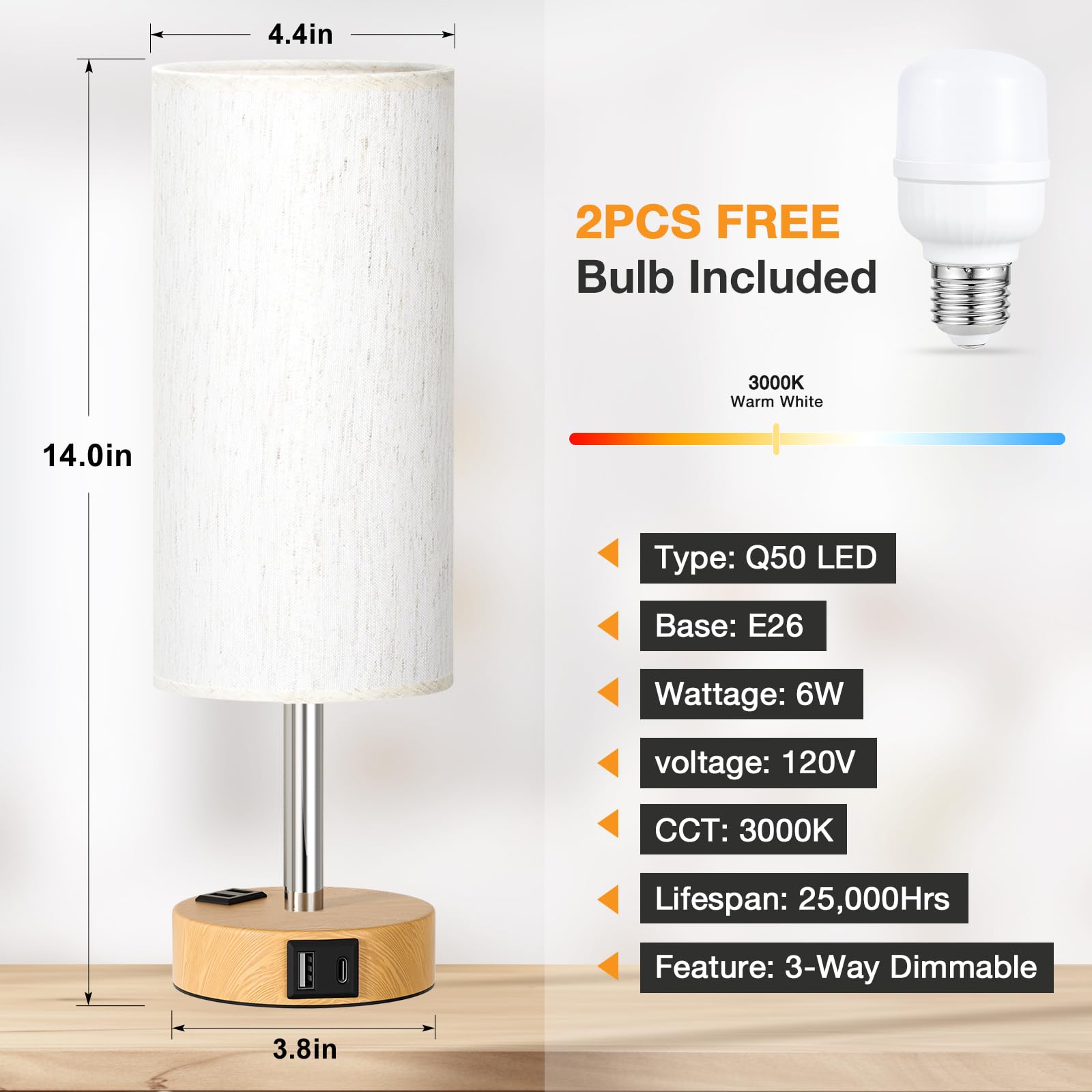 Modern Touch Control Table Lamp Set of 2 - 3-Way Dimmable Bedside Lamps with USB-C & USB-A Charging Ports & AC Outlet, Nightstand Lamps for Bedroom, Living Room, Office, Reading Nook - Perfect for Nighttime Reading, Home Decor & Workspace Lighting