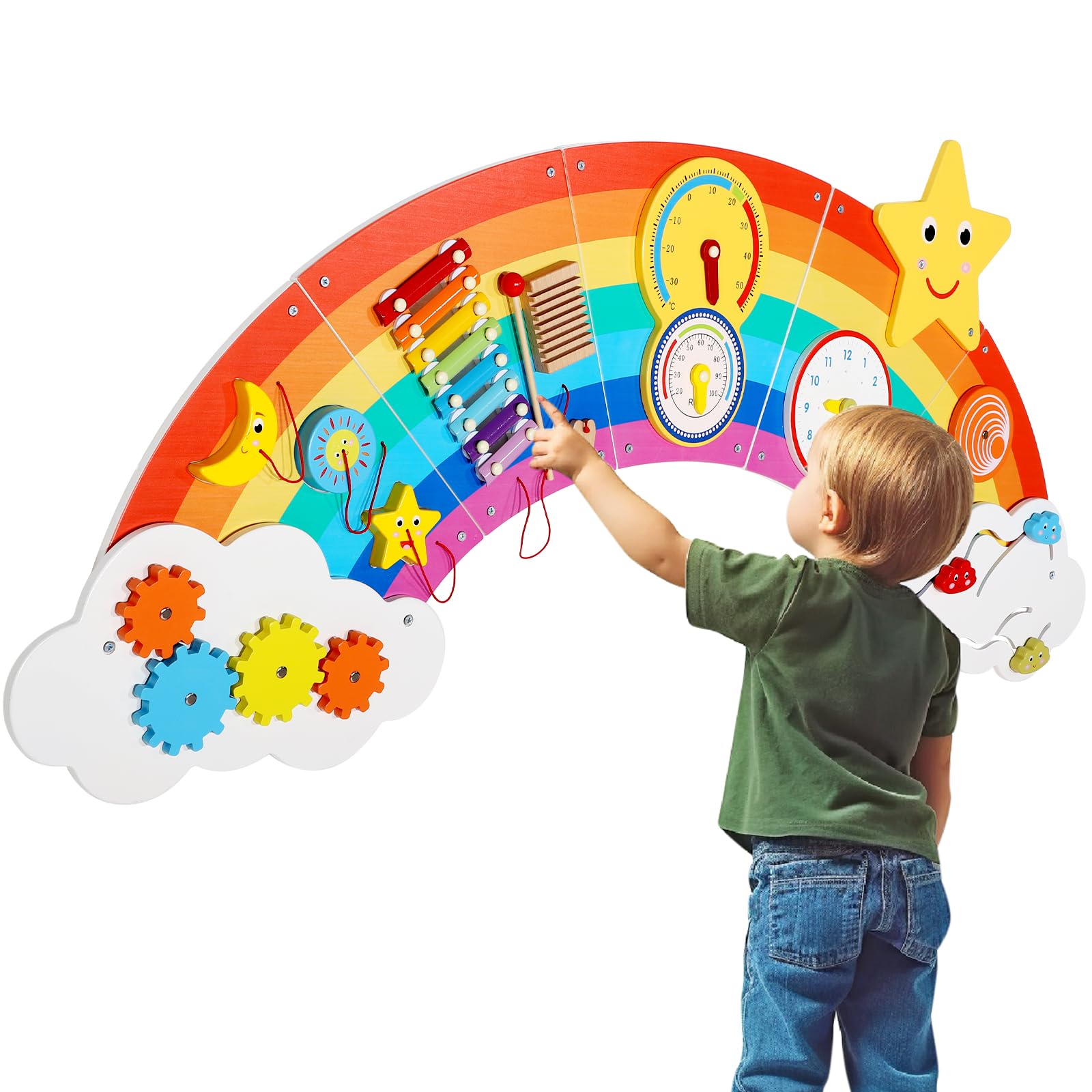Joyibay Rainbow Sensory Wall Panel - Wooden Busy Board with 9 Sensory Activities for Toddlers | Educational Toy for Bedrooms, Daycares & Playrooms | Montessori Learning & Fine Motor Skills Development