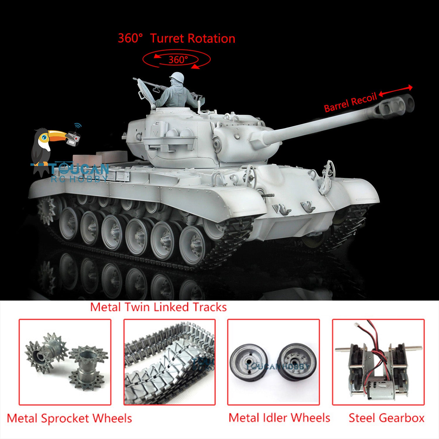 Henglong 1/16 Scale 7.0 Upgraded RC Tank Model - M26 Pershing with Barrel Recoil, 360° Rotating Turret & Metal Tracks | Double Rubber Pads, Smoke Effect | Realistic Military Vehicle for Collectors & Battle Simulation