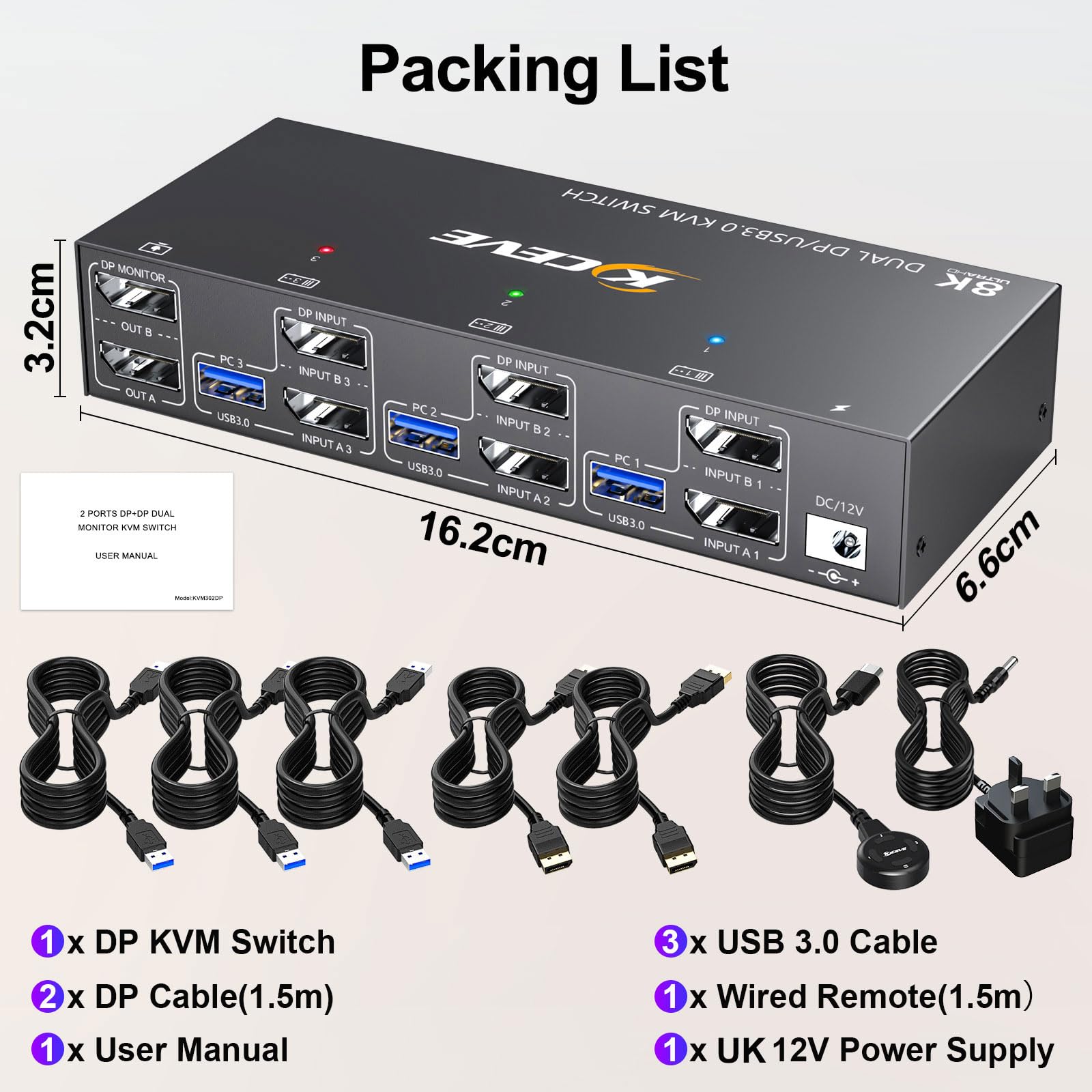 YOUTINGHDAV DP KVM Switch for 2 Monitors & 3 Computers | USB 3.0 4K@144Hz Dual Monitor DisplayPort 1.4 | Share Mouse & Keyboard | Includes Wired Remote & USB/DP Cables | Perfect for Gaming, Office & Multi-Tasking Workstations