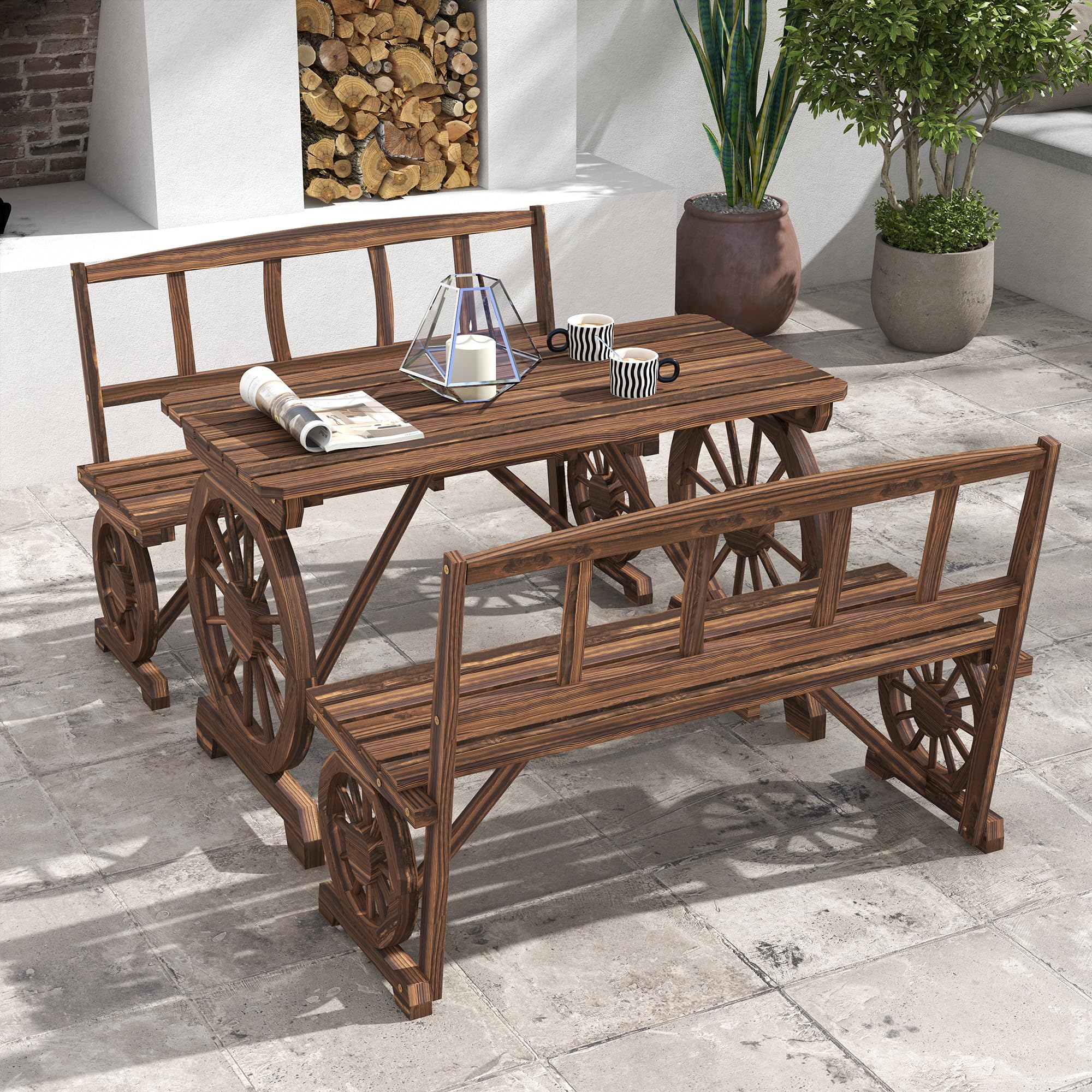 Outsunny 4-Person Outdoor Dining Set - 3-Piece Wooden Patio Table with Bench, All-Weather Wagon Wheel Design Furniture for Backyard, Garden & Deck (Carbonized Finish) - Perfect for Family BBQs, Outdoor Entertaining & Relaxing in Your Yard