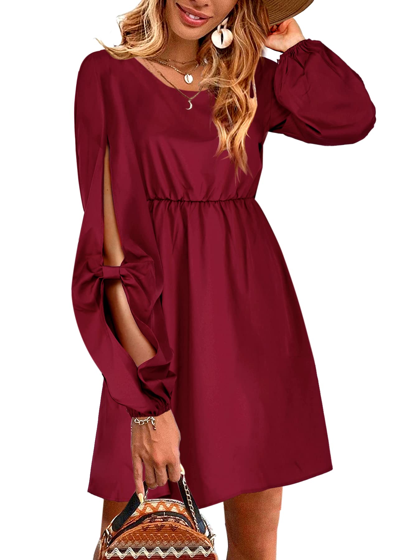 Amoretu Women's Cute Round Neck Lantern Sleeve Dress - Flowy Summer Dress for Casual Outings, Dates & Beach Vacations