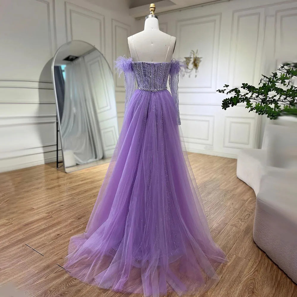 Elegant Lilac Mermaid Evening Dress with Feather Beaded Overskirt & Gloves - Women's Formal Gown for Prom, Wedding, and Special Occasions - LA72029