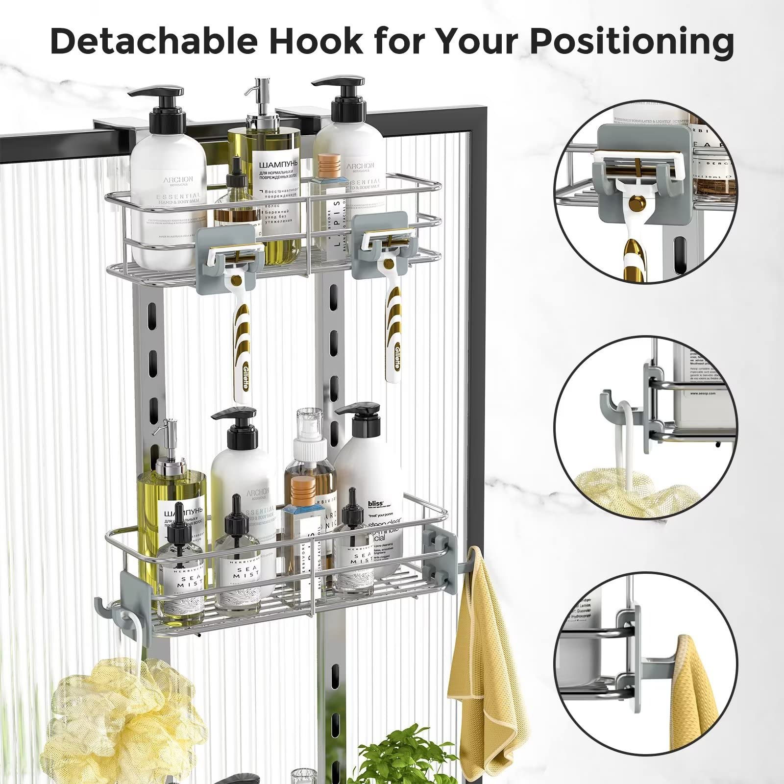 ODesign 3-Tier Over The Door Shower Caddy - Adjustable Hanging Bathroom Organizer with Soap Holder & 4 Hooks, Rustproof Shower Storage Rack for Shampoo, Razor & Toiletries - Perfect for Small Bathrooms & Apartment Showers (Slate-Grey)