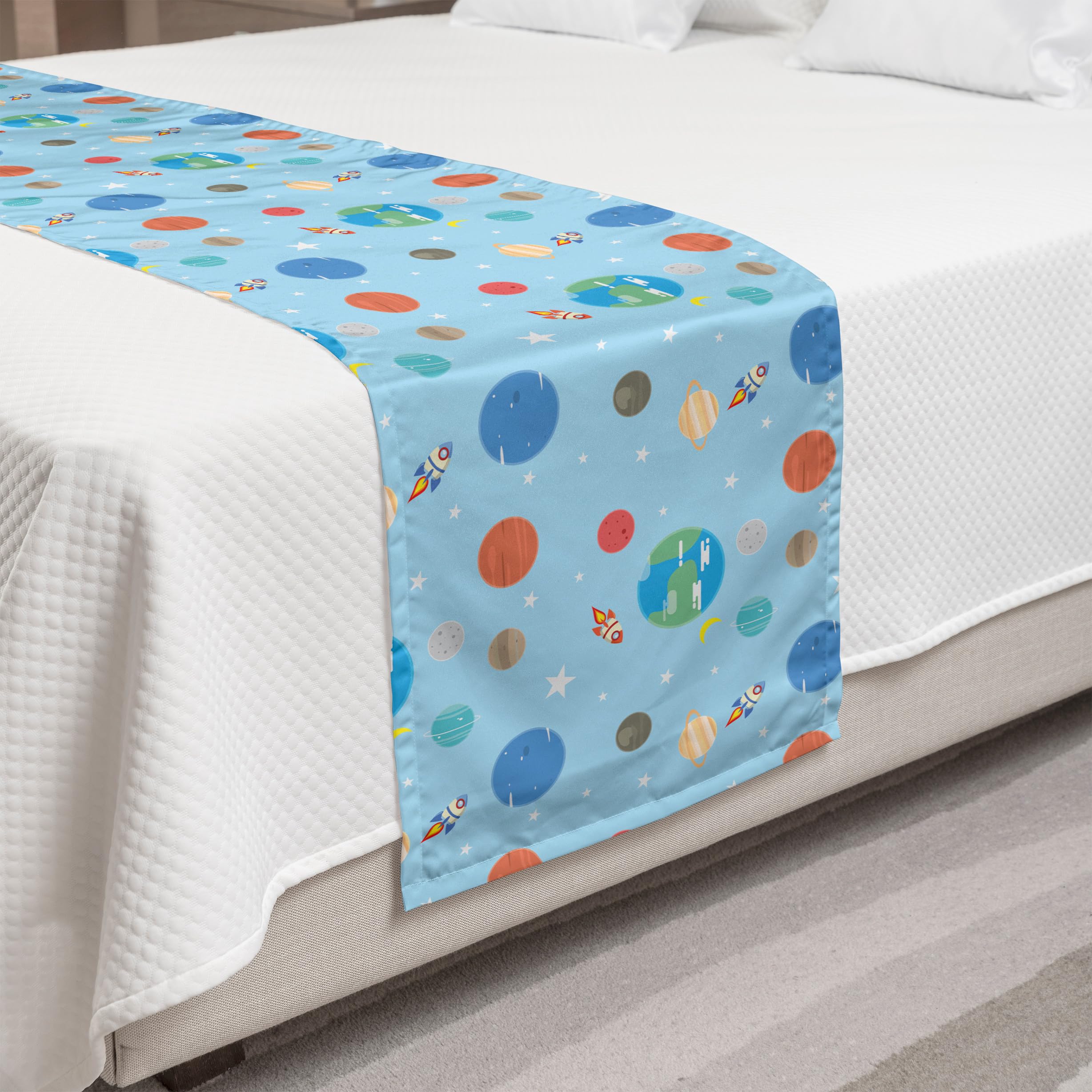 Ambesonne Space Bed Runner - Colorful Planets & Cosmic Galaxy Design, Decorative Bed Scarf for Home, Hotel & Guest Room - Pale Blue & Multicolor | Perfect for Space-Themed Bedrooms & Sci-Fi Decor