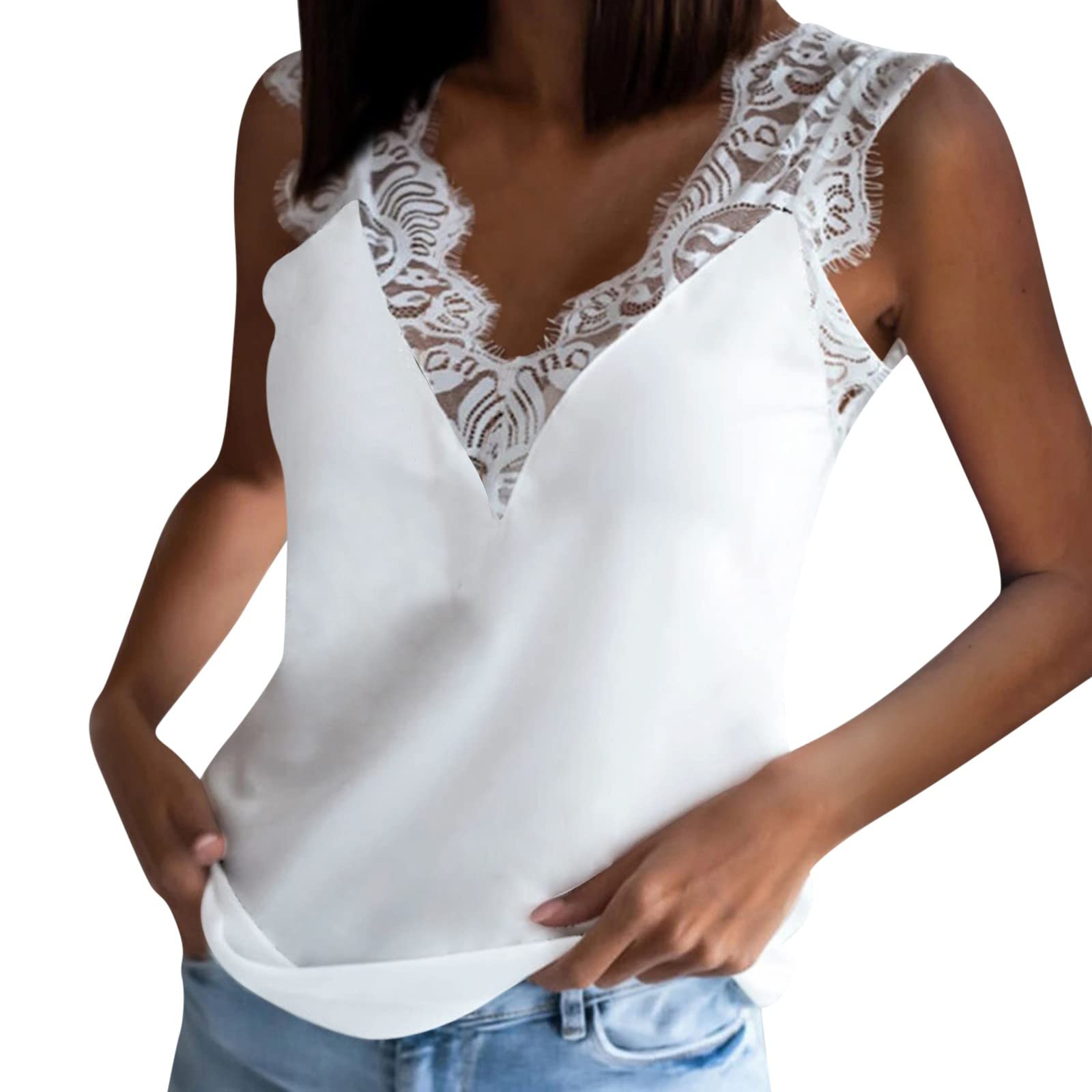 Women's Black Summer Tank Top - Lace Blouse V-Neck Sleeveless Loose Fit Camisole (White, Medium) | Perfect for Beach, Vacation & Casual Outfits