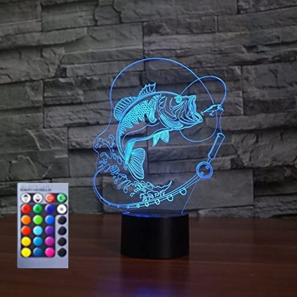 3D Fishing Fish Night Light - 16 Color Changing LED Illusion Lamp with USB Cable, Acrylic Flat ABS Base - Perfect for Bedroom, Desk, Nursery Decor & Unique Gift Idea