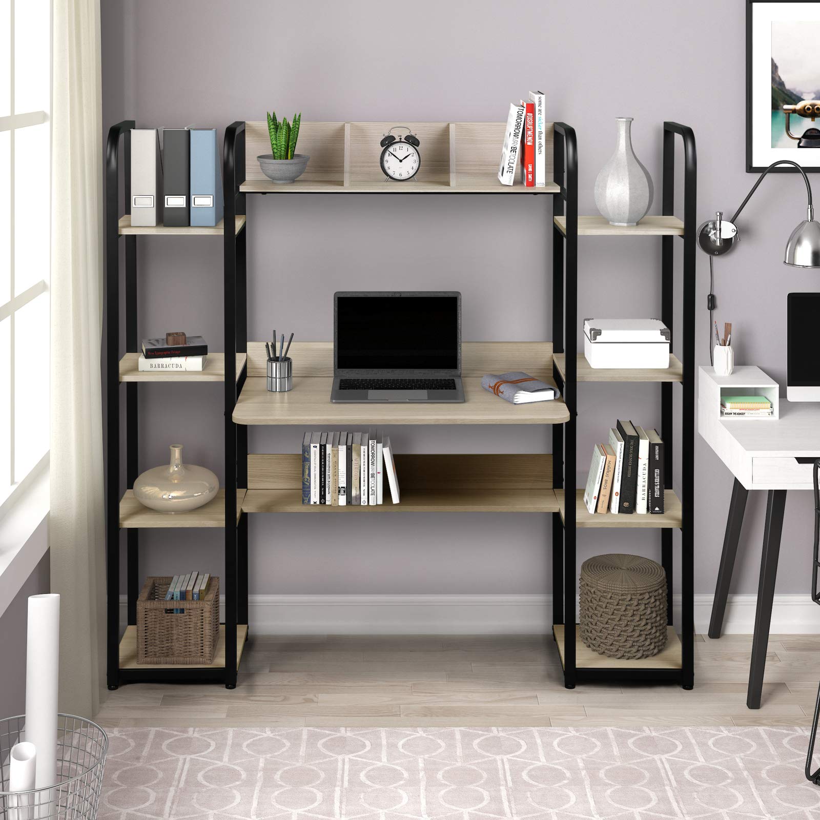 YUIOP 62 Inch Large Computer Desk with 12 Grid Storage Shelves & Bookshelf - Sturdy Home Office Desk for Study, Writing & Gaming - Easy Assembly Workspace Solution for Small Spaces & Modern Home Offices