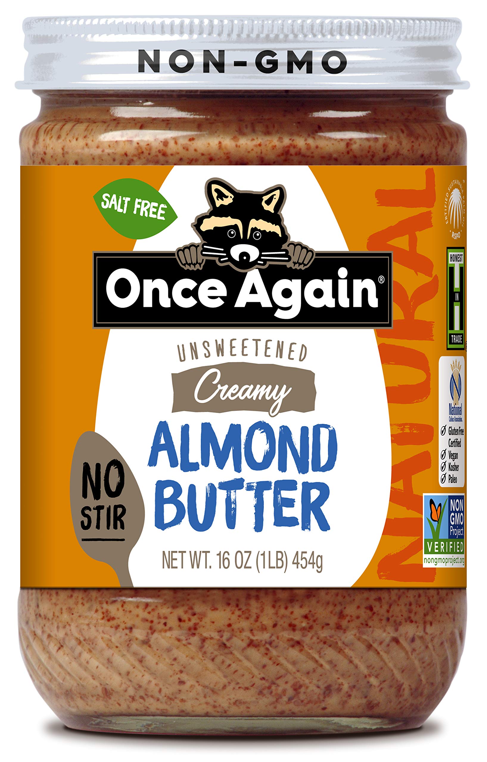 Once Again Natural Creamy Almond Butter, 16oz - No Stir, Salt Free, Unsweetened - Gluten Free, Peanut Free, Vegan, Kosher & Paleo Certified - Healthy Snack for Smoothies, Toast & Baking - Glass Jar