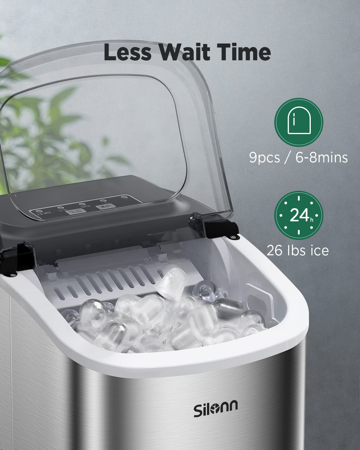 Silonn Countertop Ice Maker - Portable Self-Cleaning Ice Machine with 6-Minute Fast Freeze, 26Lbs/24H Capacity, 2 Ice Size Options (Bullet Ice) for Home Kitchen, Office, Bar & Party - Stainless Steel | Perfect for Cocktails, Iced Coffee & Entertaining