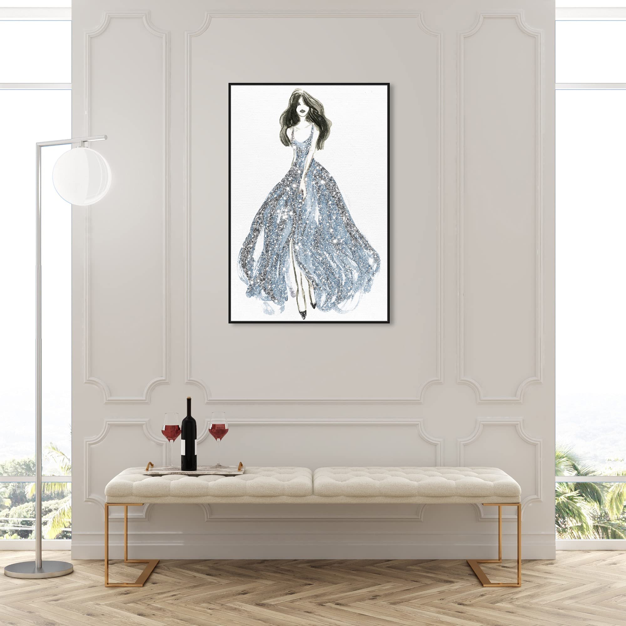 Oliver Gal Artist Co. Fashion & Glam Wall Art Canvas Print - Elegant Blue Dress Spring Home Decor (30x45 Inches, Black Frame) - Perfect for Living Room, Bedroom & Office Wall Decoration